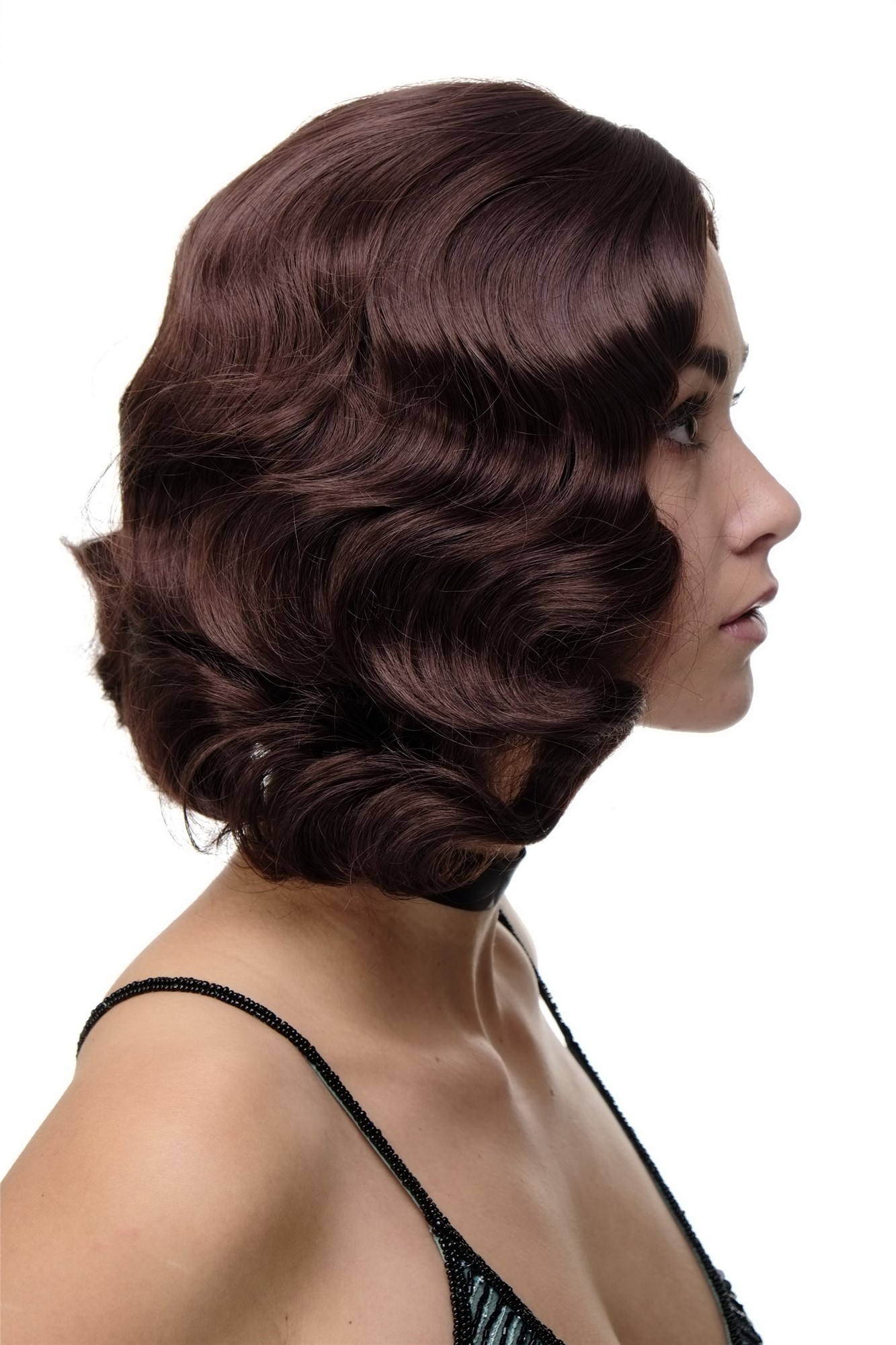hochwertige Qualitätsperücken, Perücke 20er Jahre Swing Charleston Kastanienbraun GFW1726-33, Ansicht 2, WIG ME UP: Ihr Perücken Online Shop wellige Tressen-Perücke mit Kopfhaut-Imitat Kastanie kurze Haare für Damen