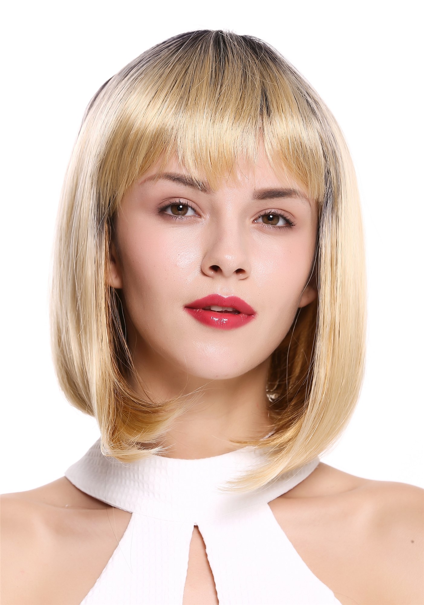 glatte Tressen-Perücke mit Kopfhaut-Imitat Kupferblond-Erdbeerblond-Platinblond-Samtschwarz-Mix kurze Haare für Damen