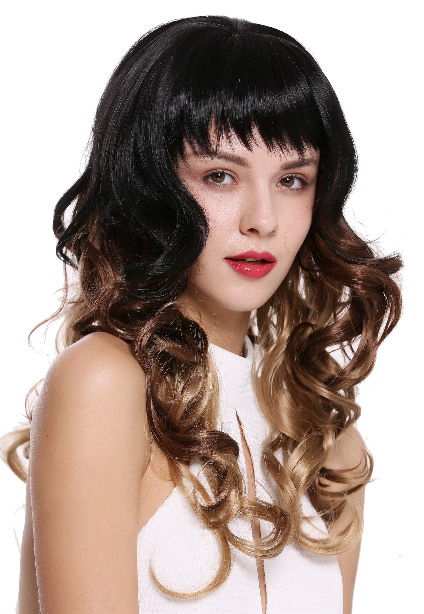hochwertige Qualitätsperücken, Perücke Lang Locken Pony Ombre Schwarz Braun Blond 1002A-G1B-30-19, Vorderansicht, WIG ME UP: Ihr Perücken Online Shop lockige Tressen-Perücke mit Kopfhaut-Imitat Schwarz-Braun-Blond lange Haare für Damen