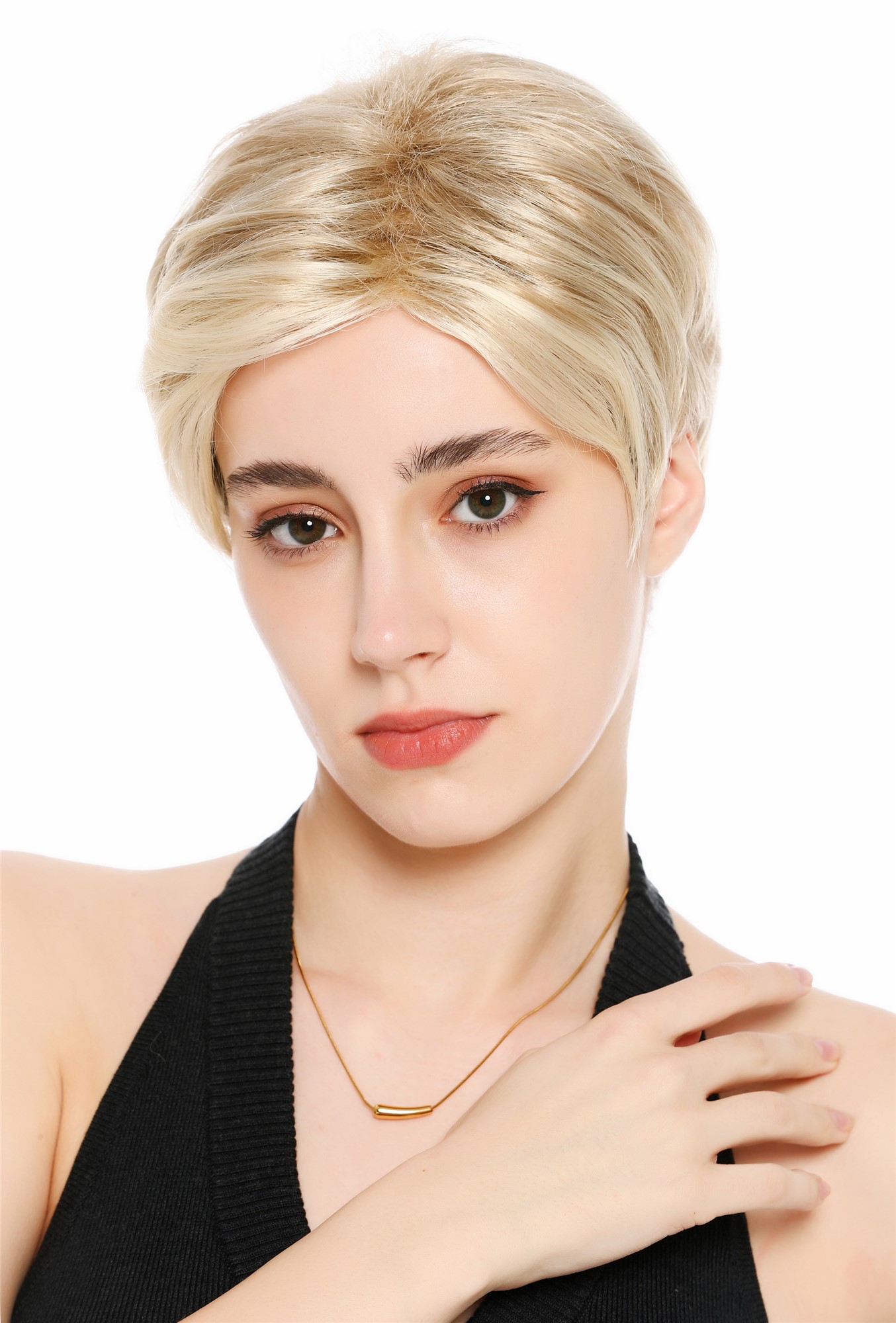 Perücke Damen Herren Frauen kurz androgyn burschikos gescheitelt Scheitel blond platin gesträhnt VK-61-16T613