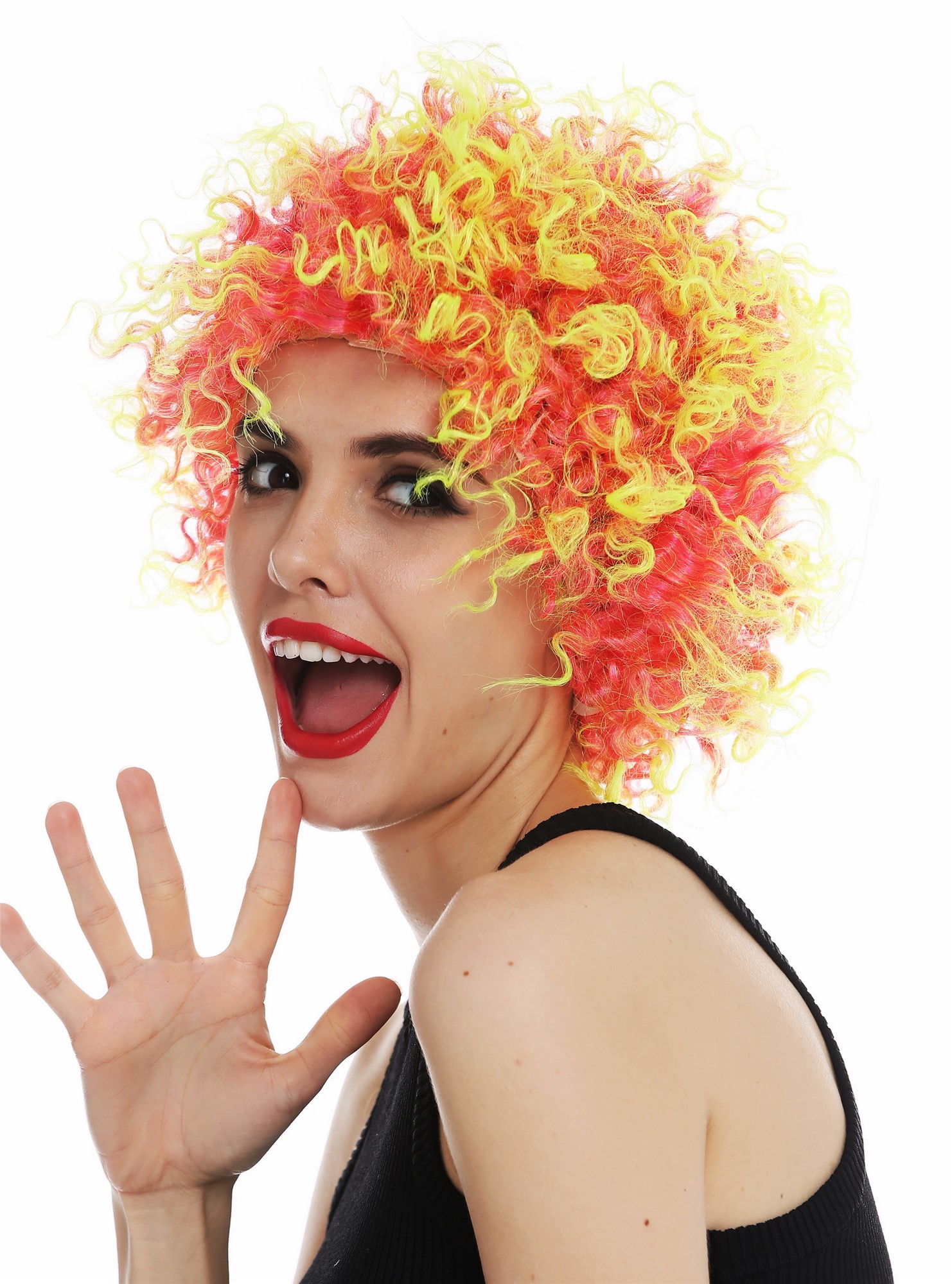 günstige Party Perücke, Perücke kurz lockig kraus rot gelb 31954-FR41-91, Ansicht 3, WIG ME UP: Ihr Perücken Online Shop lockige Party Perücke Pink-Neongelb-Mix kurze Haare Unisex