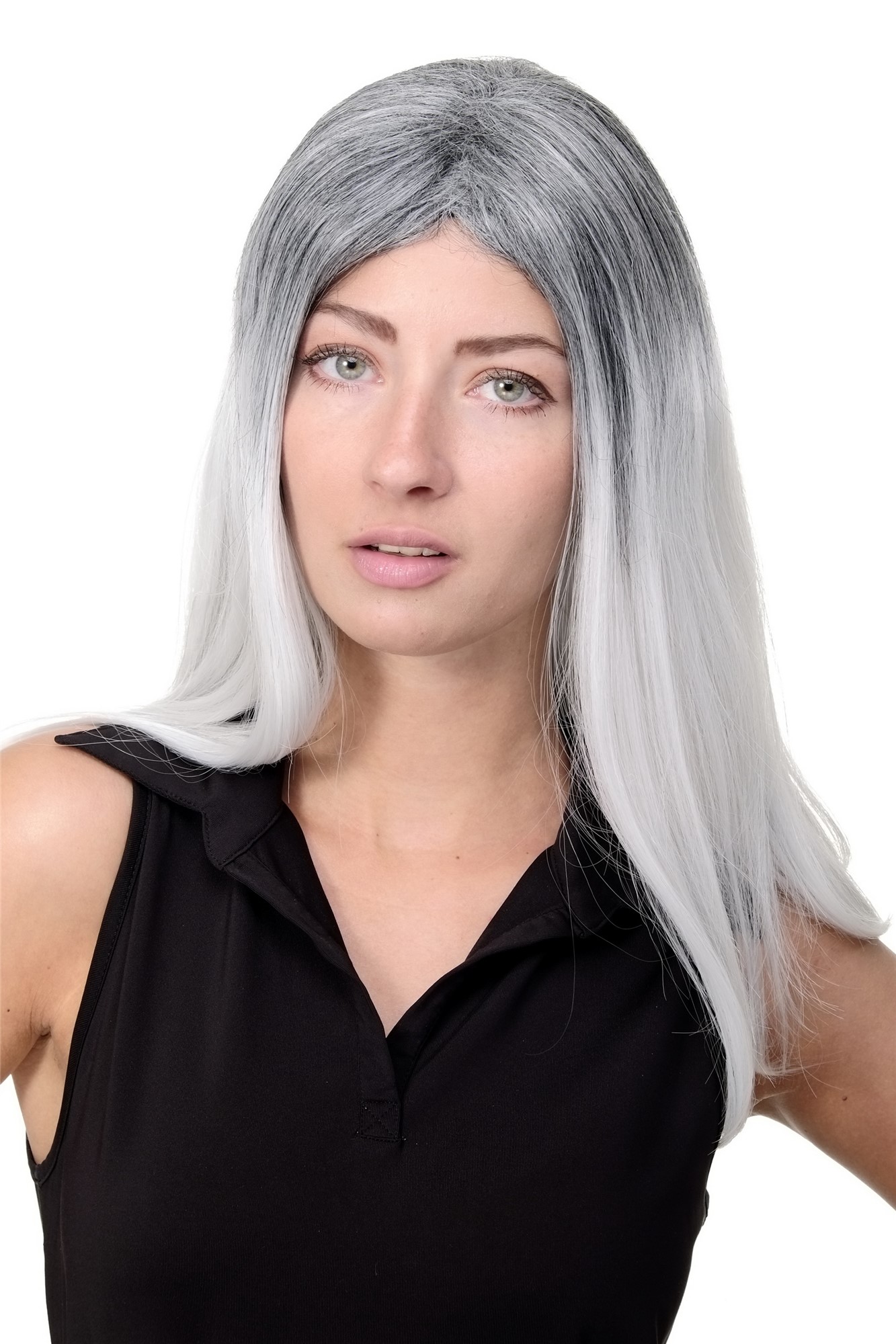 Awesome Lady  Wig long straight hair black grey white ombre middle parting Emo Goth Cosplay, front view, WIG ME UP: Your Perücken Online Shop Quality Wigs, Ladies, white-gray-black-gray, straight, long