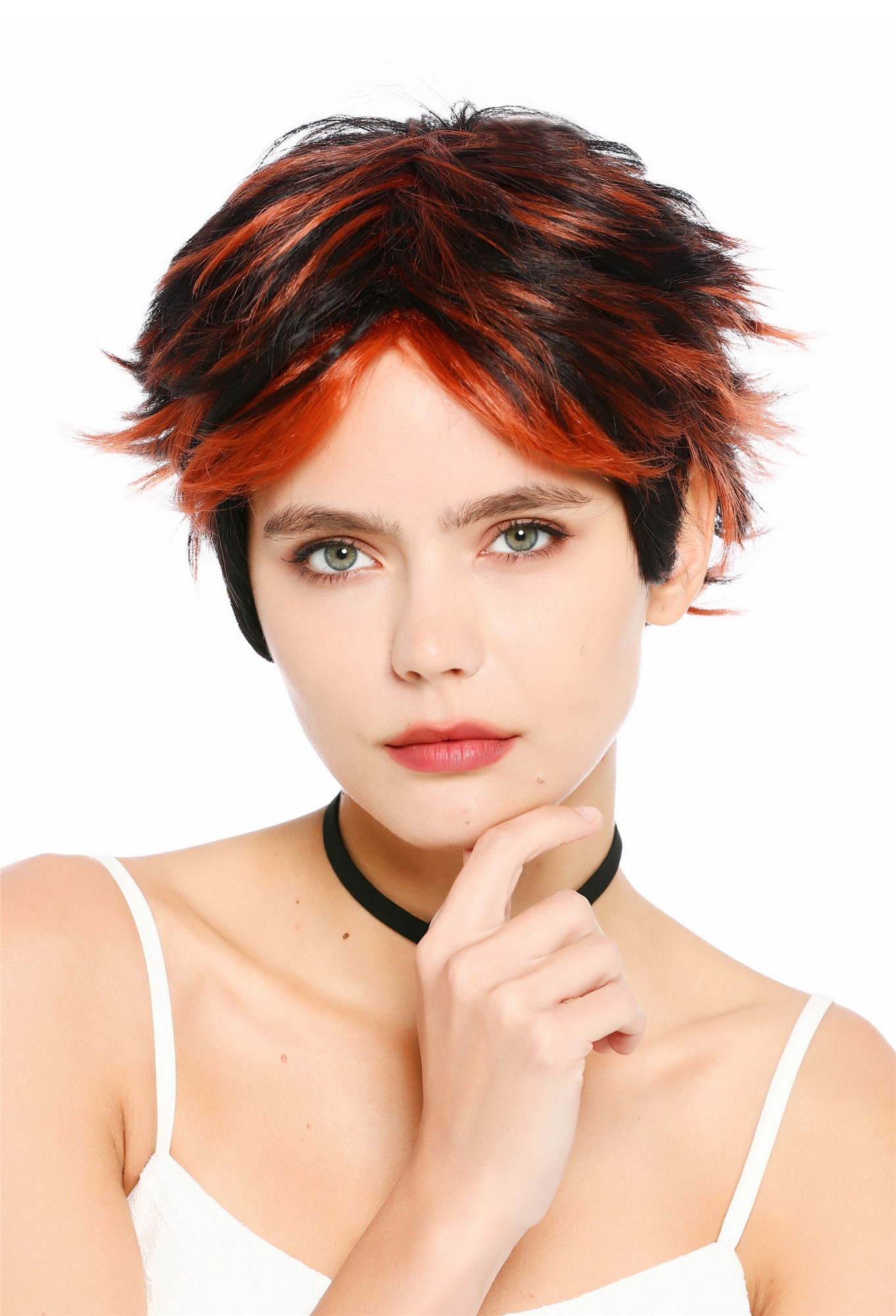 wellige Party-Perücke Schwarz mit rostroten Strähnen 30 cm lange Perücke für Damen