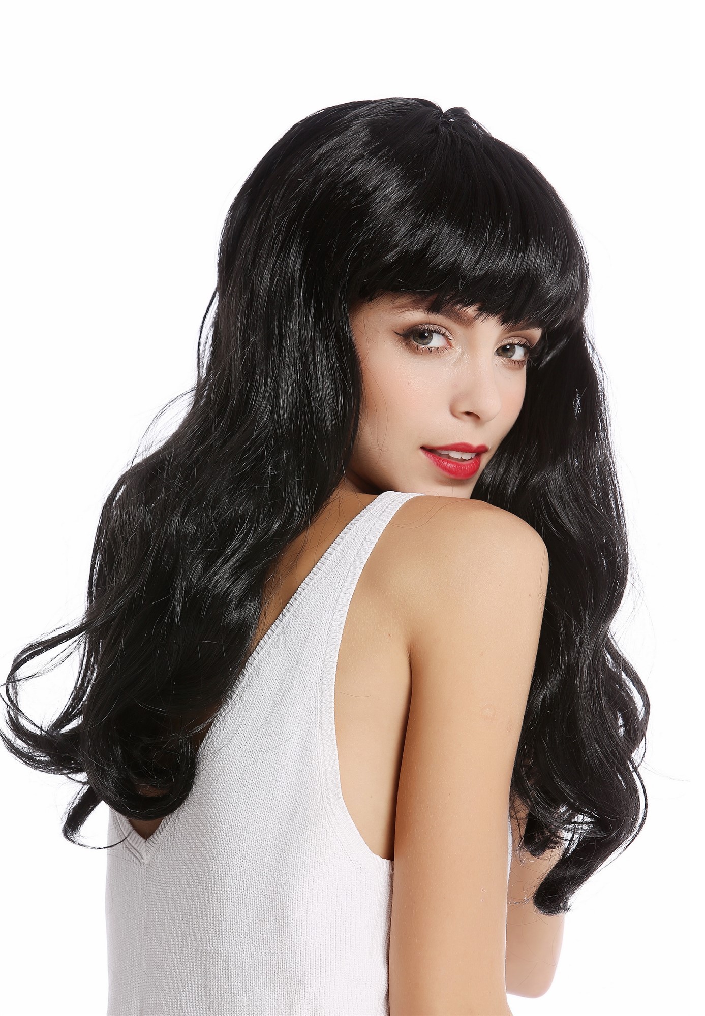 90649-ZA103 Wig Lady Women Halloween Carnival Cosplay black 50s Pin-up Model Burlesque bangs fringe, view 4, WIG ME UP: Your Perücken Online Shop Party Wig, Ladies, Black, wavy, long
