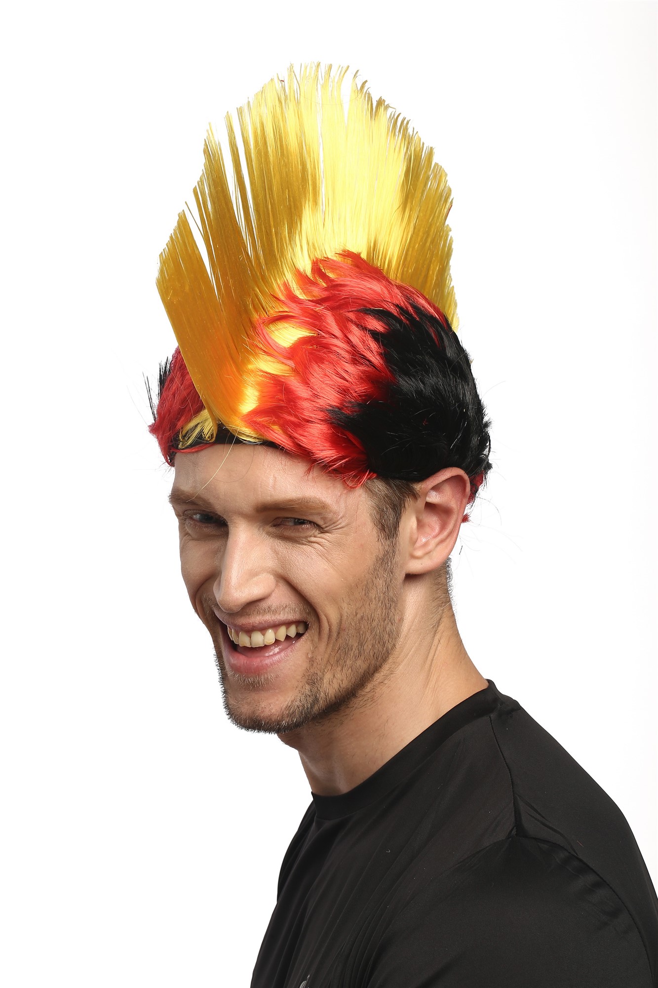 Wig Ladies Men Halloween Carnival black red yellow Soccer fan mohawk Germany Belgium, front view, WIG ME UP: Your Perücken Online Shop Party Wig, Unisex, Gold, Red, Black, straight, short