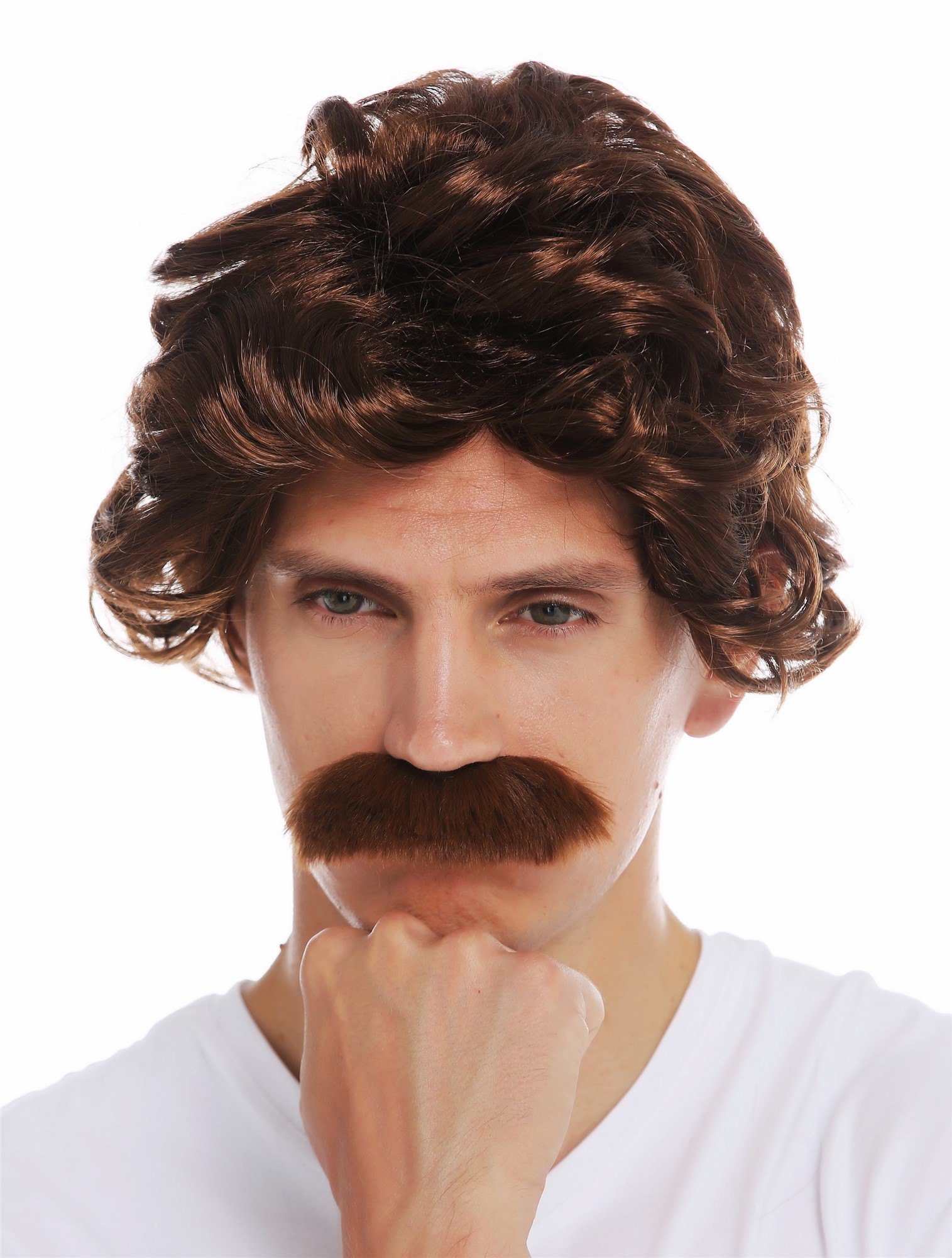 Wig Halloween men mustache 70's retro cop policeman grandpa reddish brown 7090, view 3, WIG ME UP: Your Perücken Online Shop Party Wig, Men, mahogany brown, curled, short