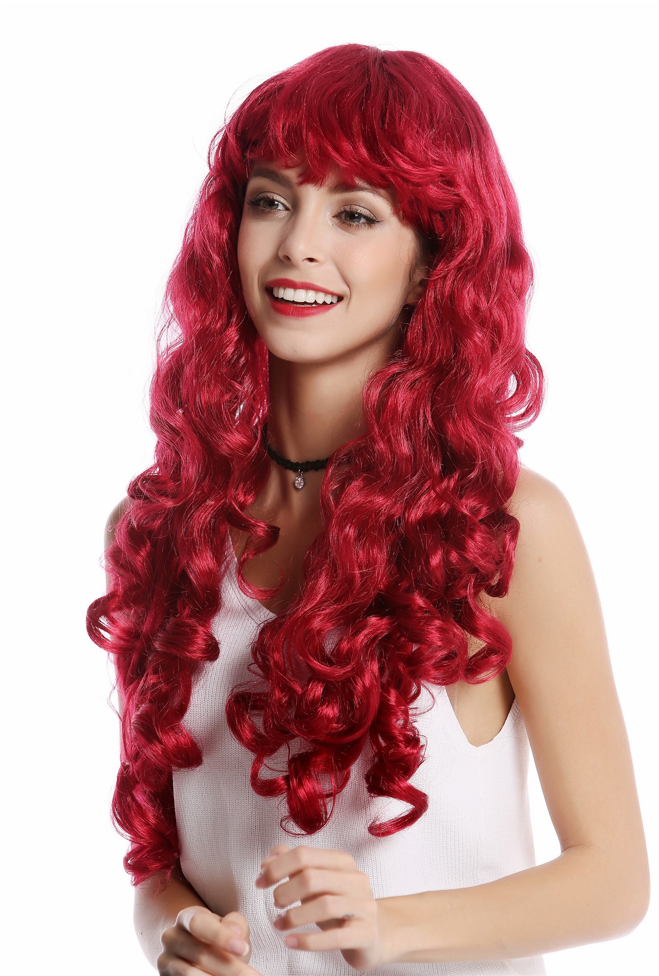 günstige Party Perücke, Perücke lang Locken rot dunkelrot Pony 0082-ZA13A, Ansicht 2, WIG ME UP: Ihr Perücken Online Shop lockige Party Perücke Rot lange Haare für Damen