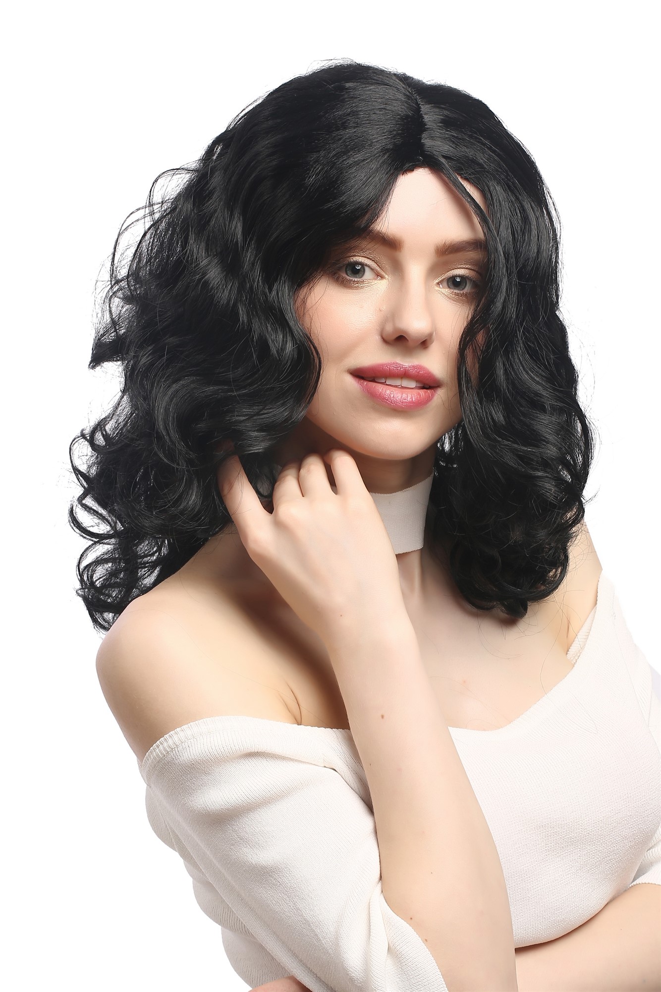 Lady Party Wig Halloween Fancy Dress long very voluminous curly curls middle-parting black 20", front view, WIG ME UP: Your Perücken Online Shop Party Wig, Ladies, Black, curled, long