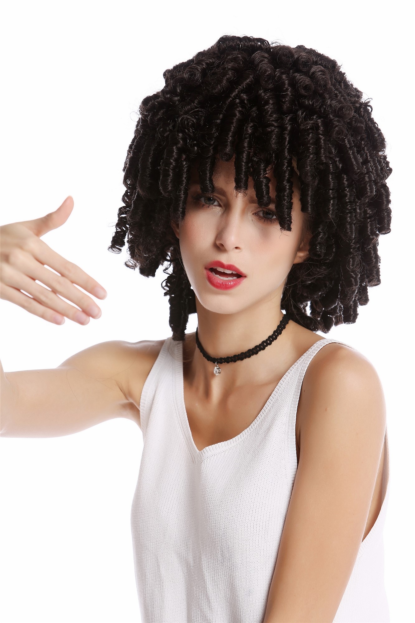 Wig Women Men Carnival black ringlets semi Rasta dreadlocks Caribbean Voodoo Priest Witch Soccer, view 3, WIG ME UP: Your Perücken Online Shop Party Wig, Ladies, Black, curled, shoulder-length
