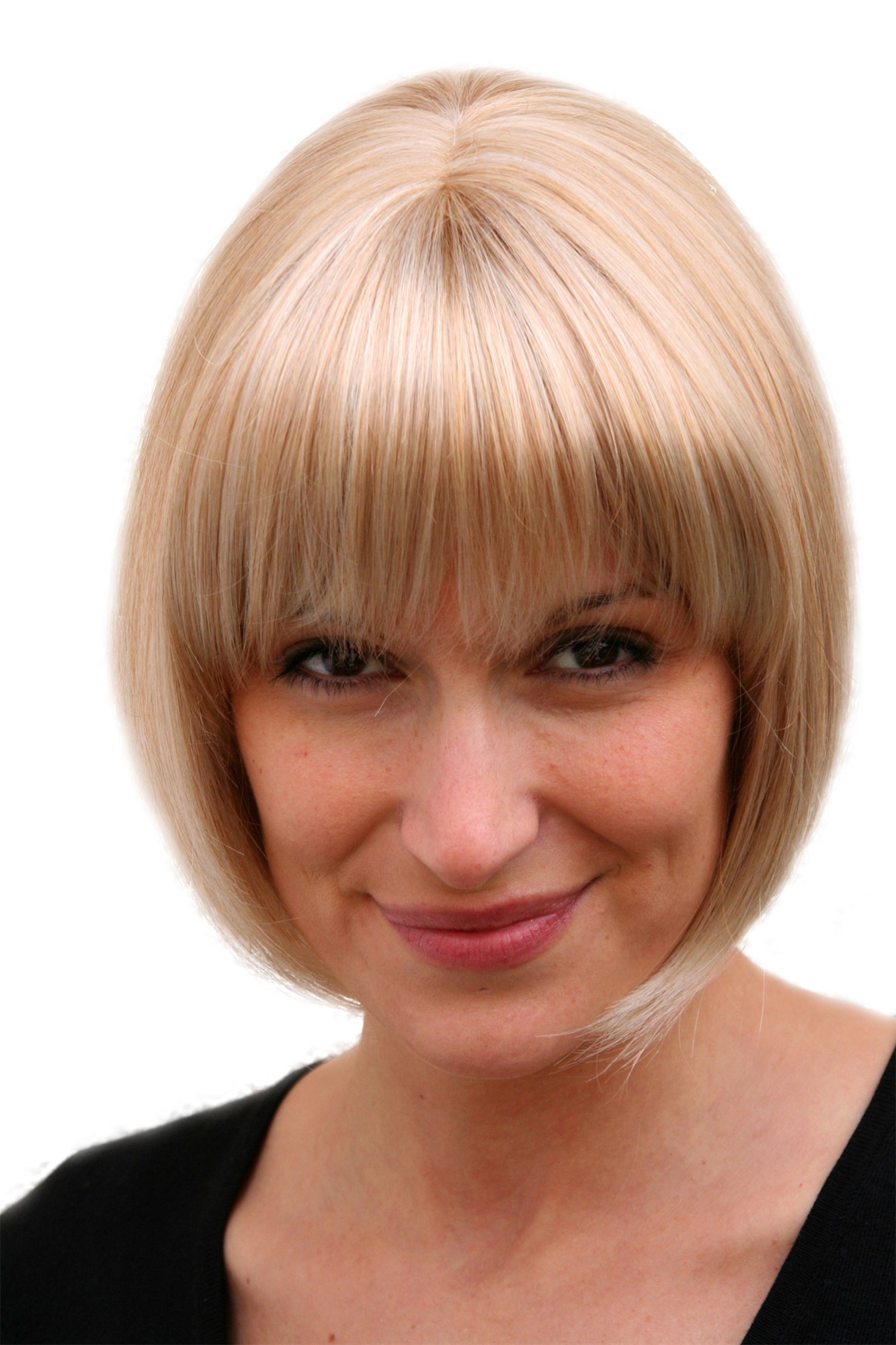 hochwertige Qualitätsperücken, Sexy Damen Bob Perücke glatte kurze Haare mit Pony Blond-Mix 703-27T613, Vorderansicht, WIG ME UP: Ihr Perücken Online Shop glatte Tressen-Perücke mit Kopfhaut-Imitat Erdbeerblond-Platinblond-Mix kurze Haare für Damen