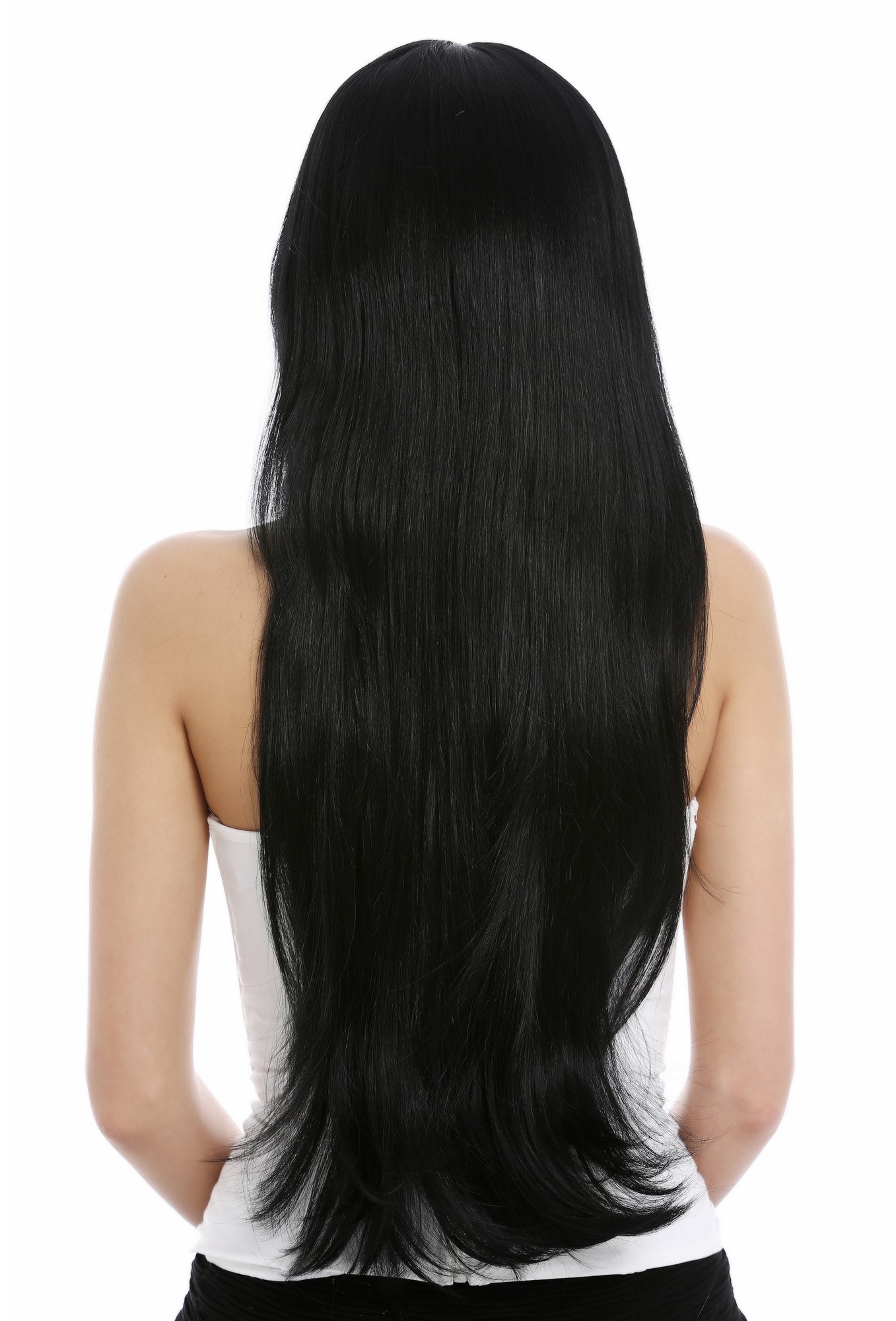 hochwertige Qualitätsperücken, Perücke lang glatt gestuft Schwarz VK-43-1, Ansicht 4, WIG ME UP: Ihr Perücken Online Shop glatte Tressen-Perücke mit Kopfhaut-Imitat Schwarz sehr lange Haare für Damen