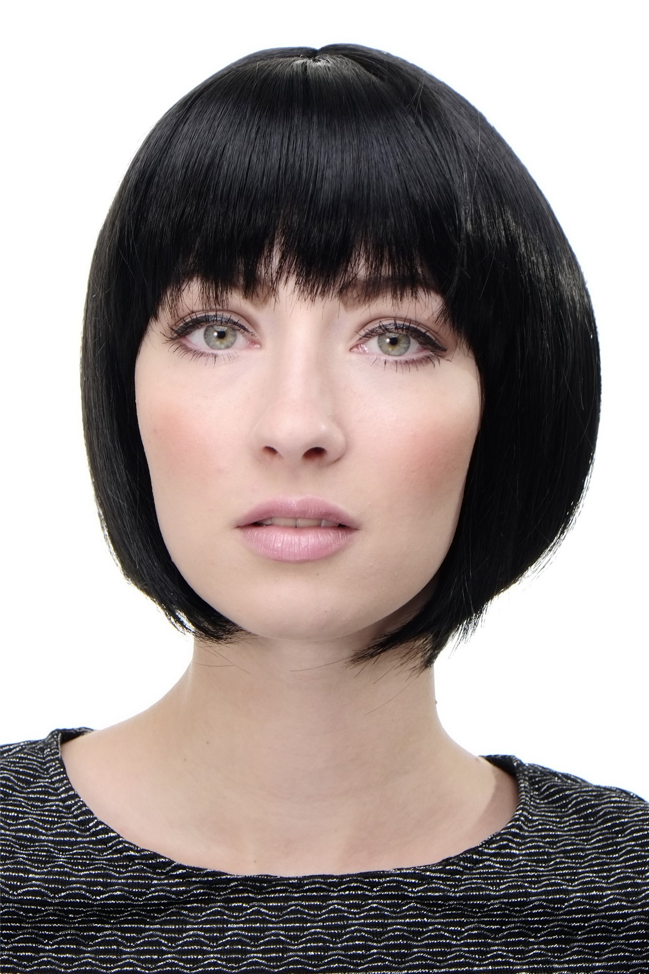 hochwertige Qualitätsperücken, Sexy Damen Bob Perücke glatte kurze Haare mit Pony Schwarz 703-1, Vorderansicht, WIG ME UP: Ihr Perücken Online Shop glatte Tressen-Perücke mit Kopfhaut-Imitat Schwarz kurze Haare für Damen