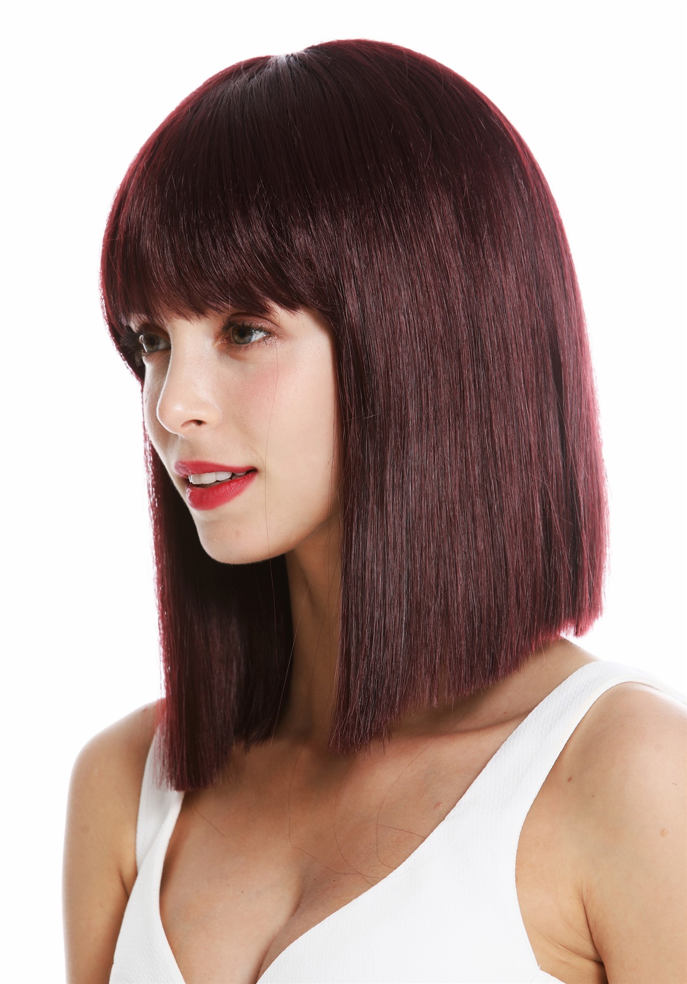 hochwertige Qualitätsperücken, Perücke schulterlang glatt Pony Bordeaux-Rot VK-10-99J, Vorderansicht, WIG ME UP: Ihr Perücken Online Shop glatte Tressen-Perücke mit Kopfhaut-Imitat Auberginerot schulterlange Haare für Damen