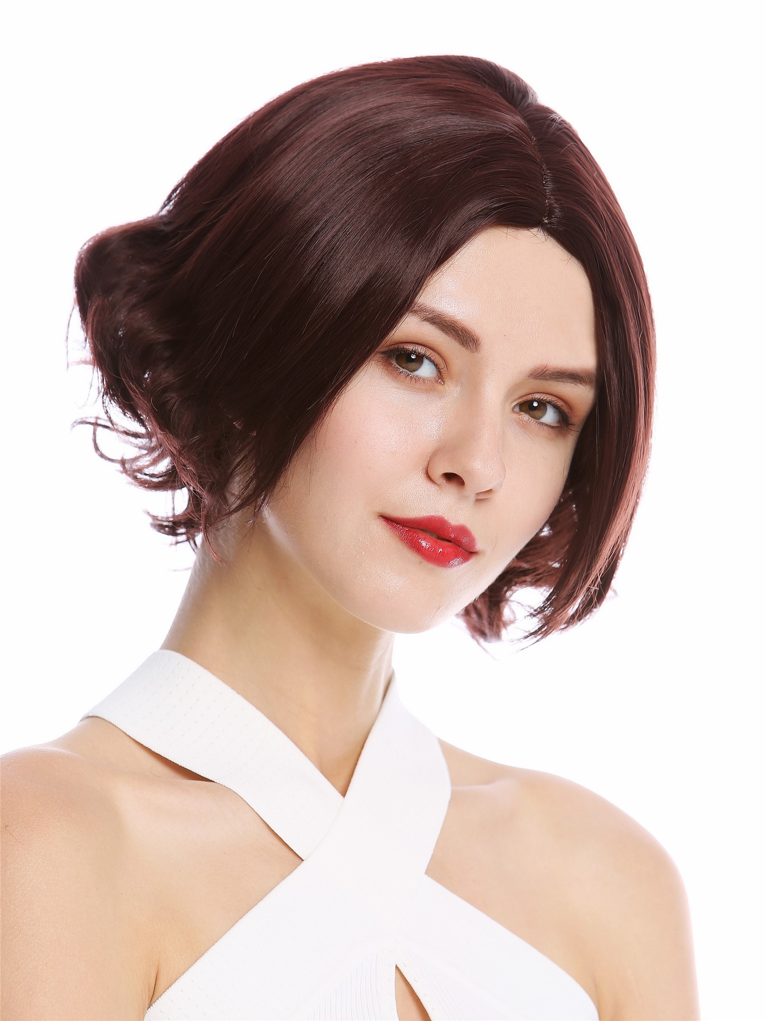 hochwertige Qualitätsperücken, Perücke kurz Longbob Mittelscheitel wellig Rotbraun YZF-4359-M33X, Ansicht 2, WIG ME UP: Ihr Perücken Online Shop wellige Tressen-Perücke mit Kopfhaut-Imitat Mahagonibraun kurze Haare für Damen