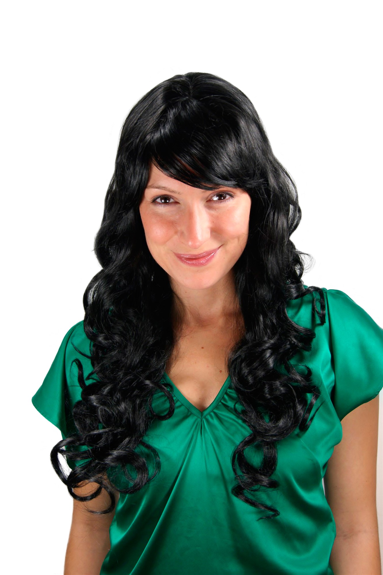 hochwertige Qualitätsperücken, Langhaarige Perücke schwarz Samtschwarz Locken 7633-1B, Vorderansicht, WIG ME UP: Ihr Perücken Online Shop lockige Tressen-Perücke mit Kopfhaut-Imitat Samtschwarz lange Haare für Damen