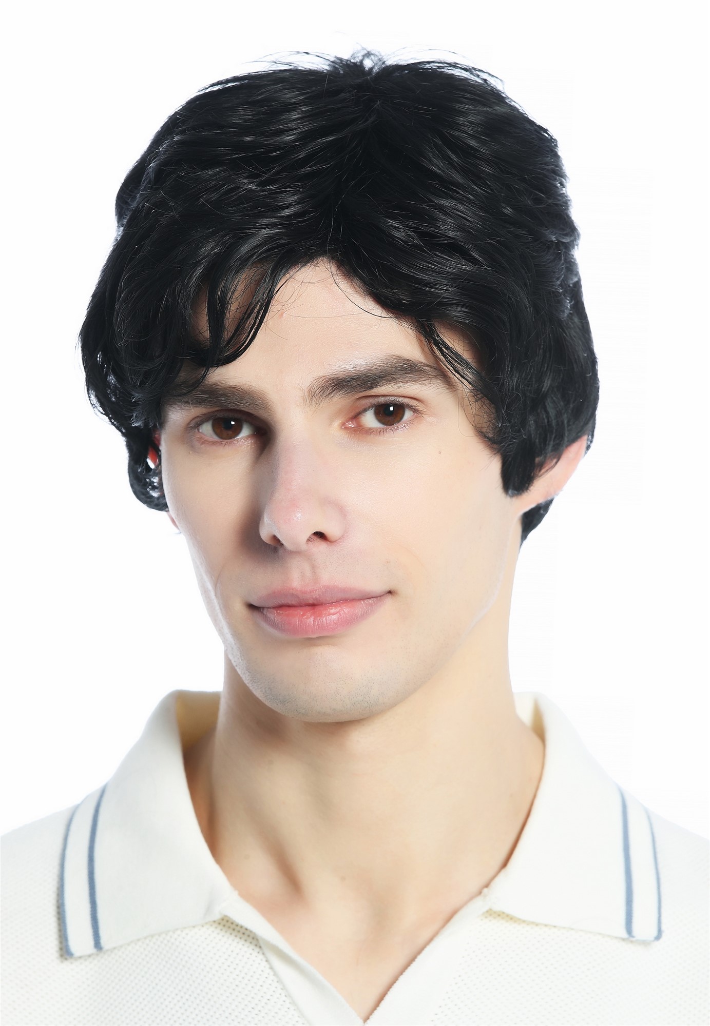 hochwertige Qualitätsperücken, Perücke kurz gescheitelt wellig Schwarz DW94A-1B, Vorderansicht, WIG ME UP: Ihr Perücken Online Shop wellige Tressen-Perücke Samtschwarz kurze Haare für Unisex