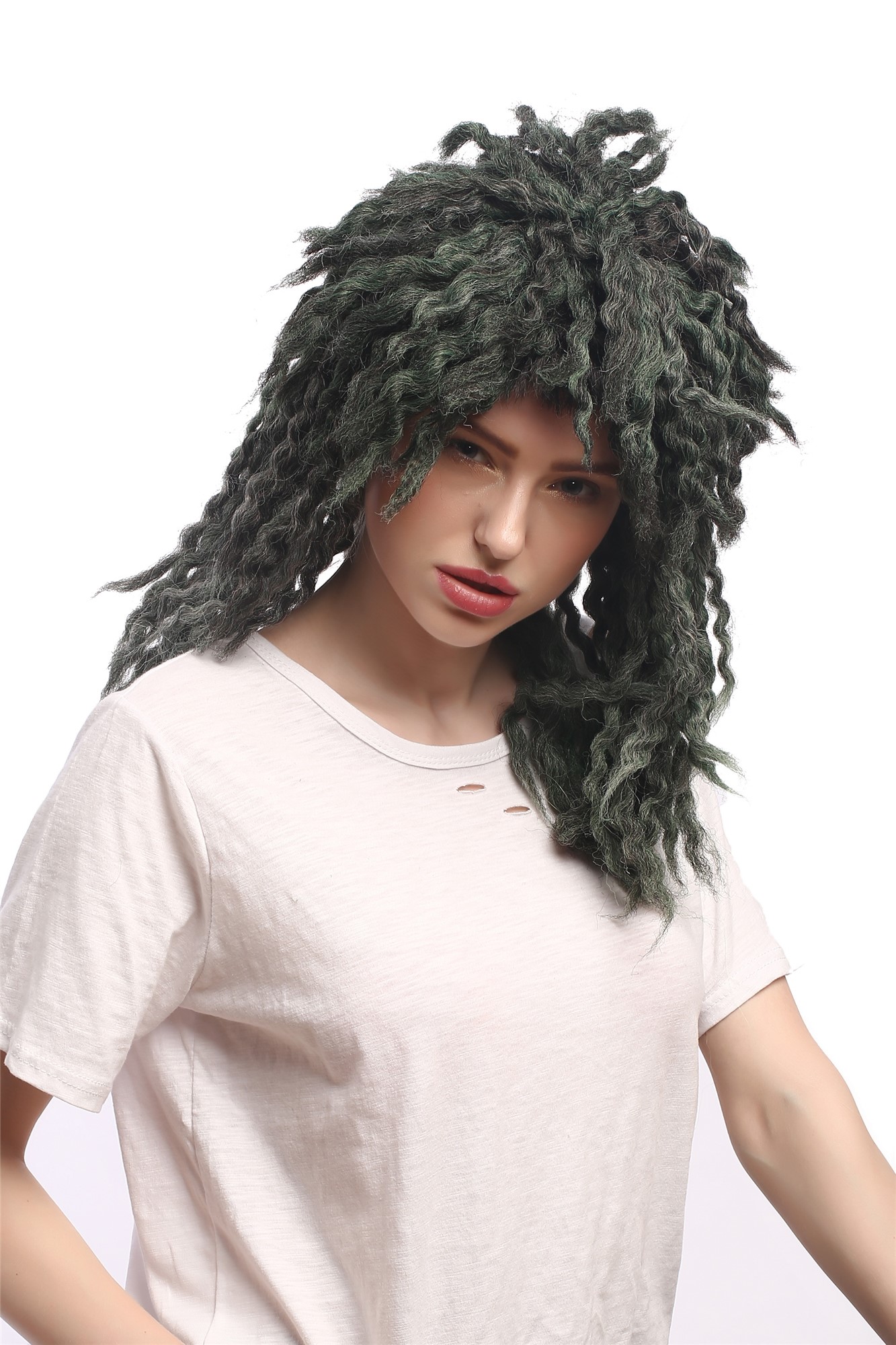 günstige Party Perücke, Perücke Grau Grün Rasta Neptun Nixe 90889-ZA1-ZA94A-ZA68E-ZA1, Ansicht 3, WIG ME UP: Ihr Perücken Online Shop lockige Party Perücke Grün schulterlange Haare Unisex