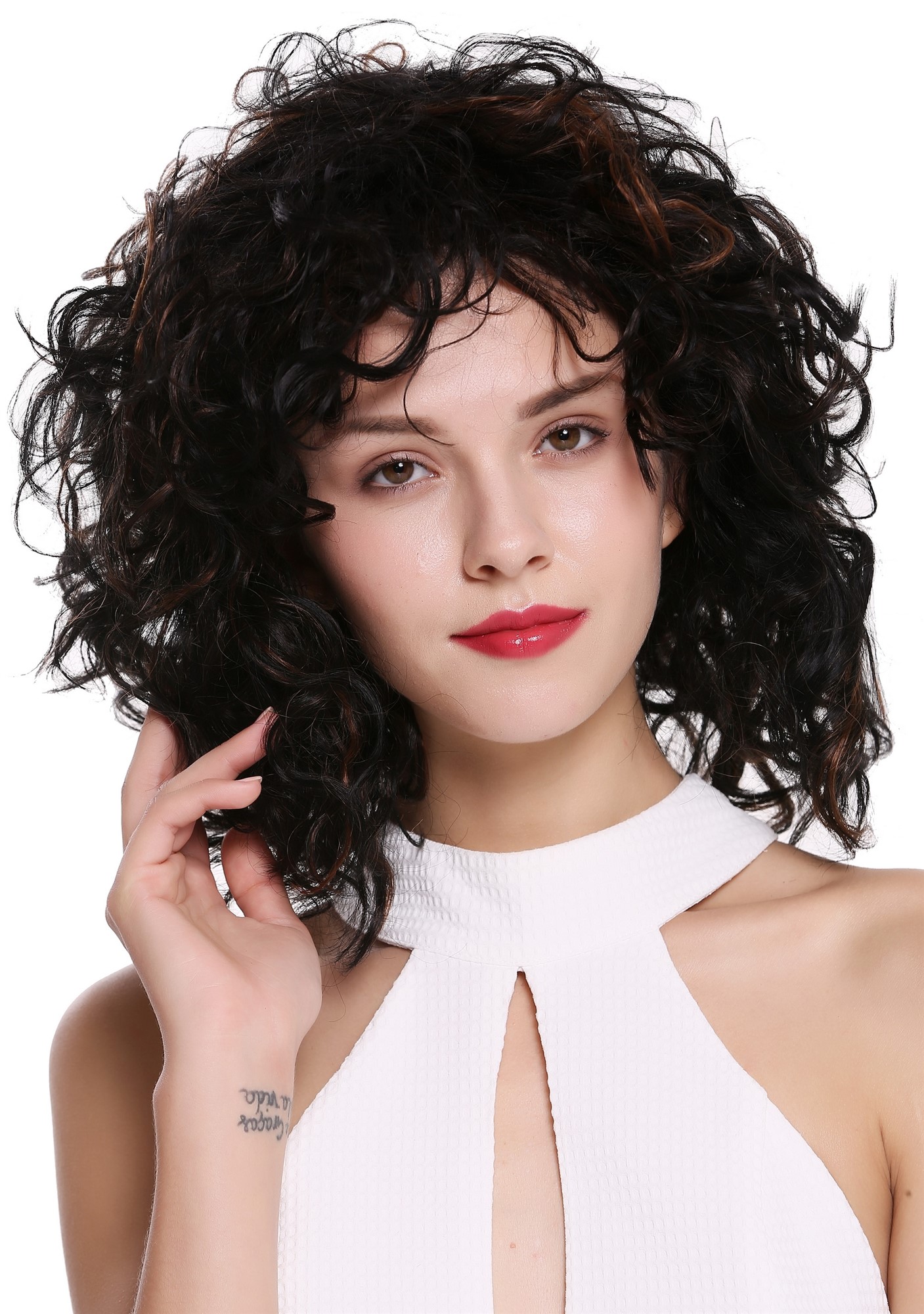 hochwertige Qualitätsperücken, Perücke Wild Lockig Voluminös Kurz Kastanie Braun Mix DW-2698-2BH30, Ansicht 2, WIG ME UP: Ihr Perücken Online Shop lockige Tressen-Perücke Schwarzbraun-Kupferbraun schulterlange Haare für Damen