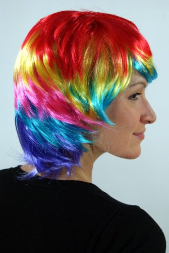Bunte Papageien Perücke mit kurzen Haaren (Bob) von der Seite mit Rot, Gelb, Türkis, Pink, Gelb, Blau und Lila Bunte Papageien Perücke mit kurzen Haaren (Bob) von der Seite mit Rot, Gelb, Türkis, Pink, Gelb, Blau und Lila