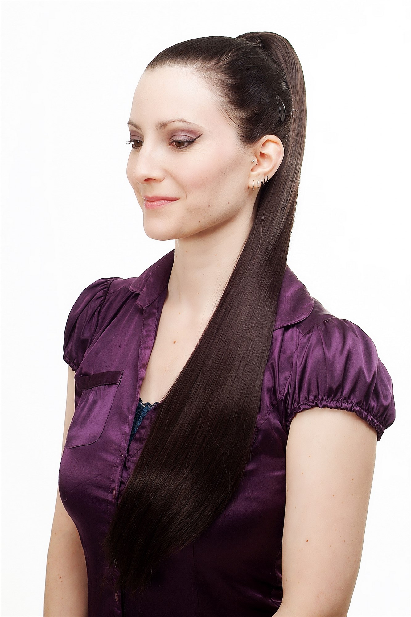 Hairpiece PONYTAIL with Claw Clamp/Clip extremely long straight & smooth dark brown T113-4 70 cm, view 3, WIG ME UP: Your Perücken Online Shop Ponytails, dark brown, straight, long