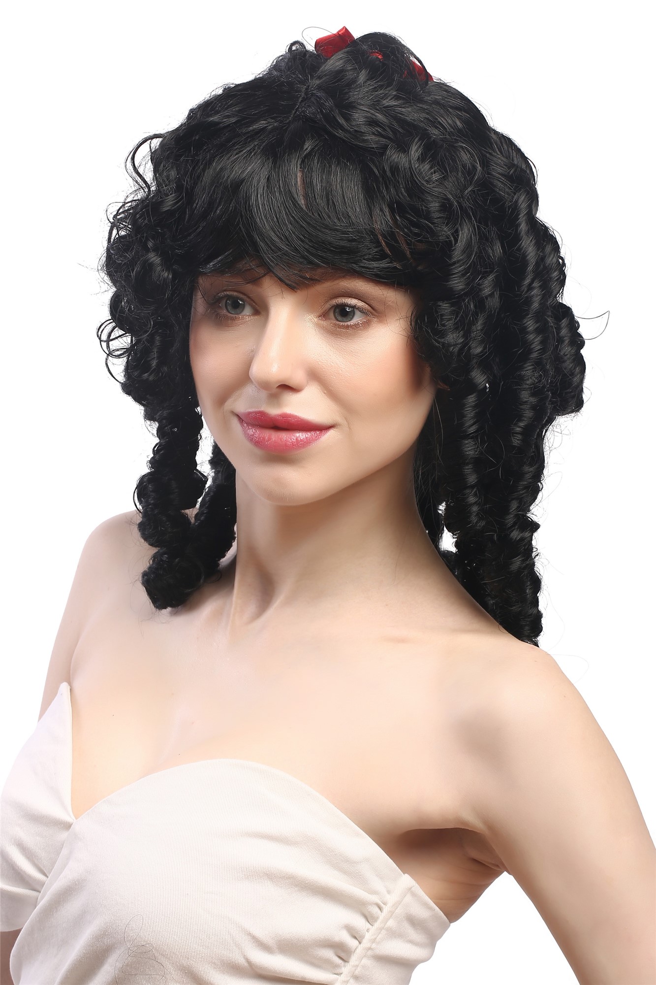Lady Wig Fancy Dress Victorian Colonial romantic style black + ribbon coils curls Gothic Lolita, front view, WIG ME UP: Your Perücken Online Shop Party Wig, Ladies, Black, curled, shoulder-length
