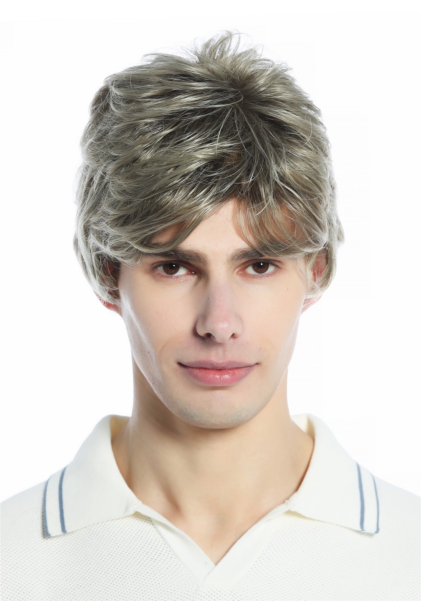 hochwertige Qualitätsperücken, Perücke kurz gescheitelt wellig Braun Blond gesträhnt DW94A-18T22, Vorderansicht, WIG ME UP: Ihr Perücken Online Shop wellige Tressen-Perücke Blond-Braun-Mix kurze Haare für Unisex