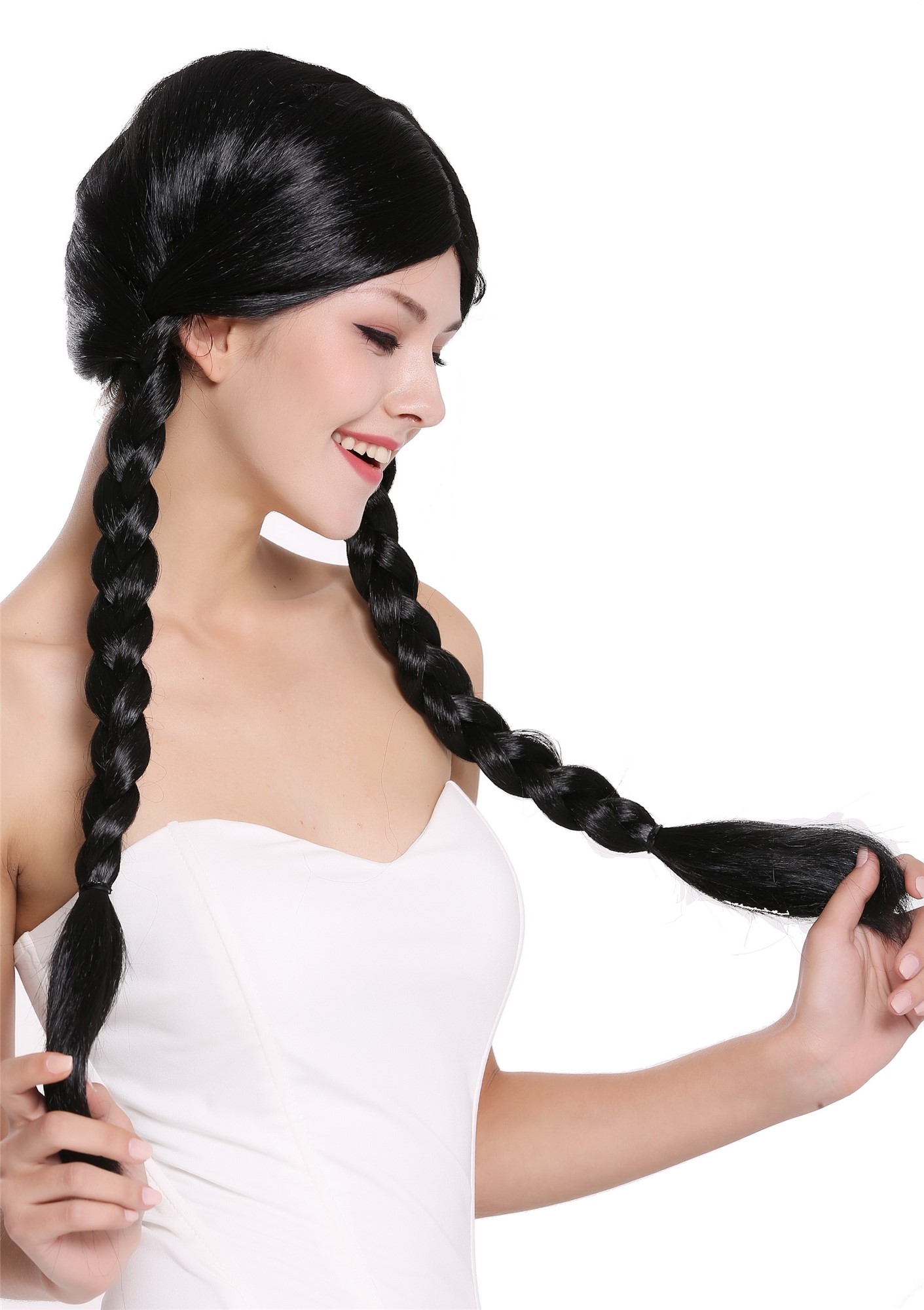 günstige Party Perücke, Perücke 2 Geflochtene Zöpfe lang Schwarz 90958-ZA103, Ansicht 3, WIG ME UP: Ihr Perücken Online Shop geflochtene Party Perücke Schwarz lange Haare für Damen