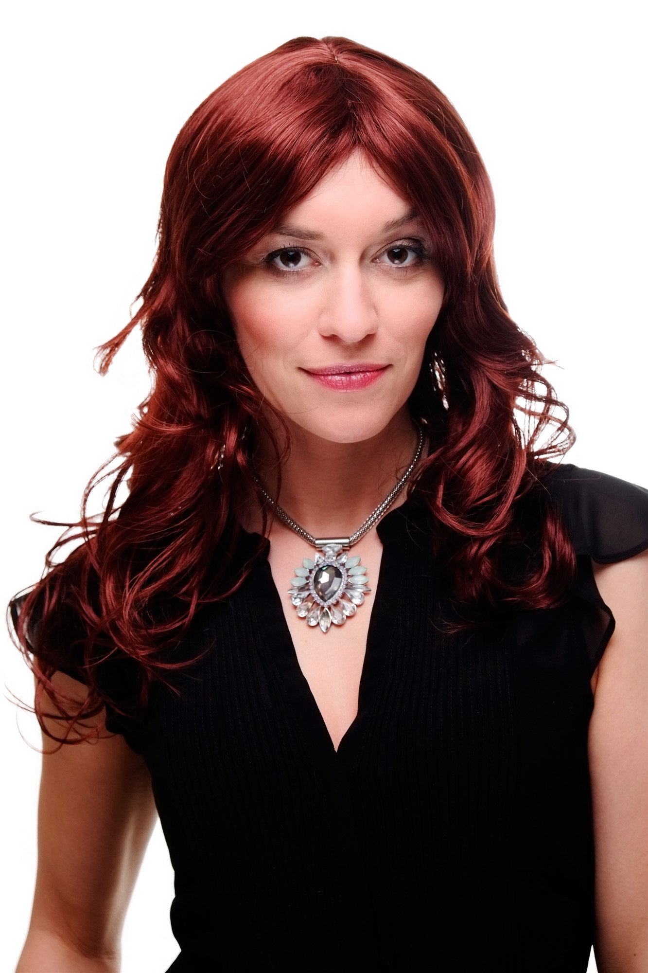 hochwertige Qualitätsperücken, Perücke wellig lockig Pony Scheitel Braun Rostbraun 9669-35, Vorderansicht, WIG ME UP: Ihr Perücken Online Shop wellige Tressen-Perücke mit Kopfhaut-Imitat Rostbraun lange Haare für Damen