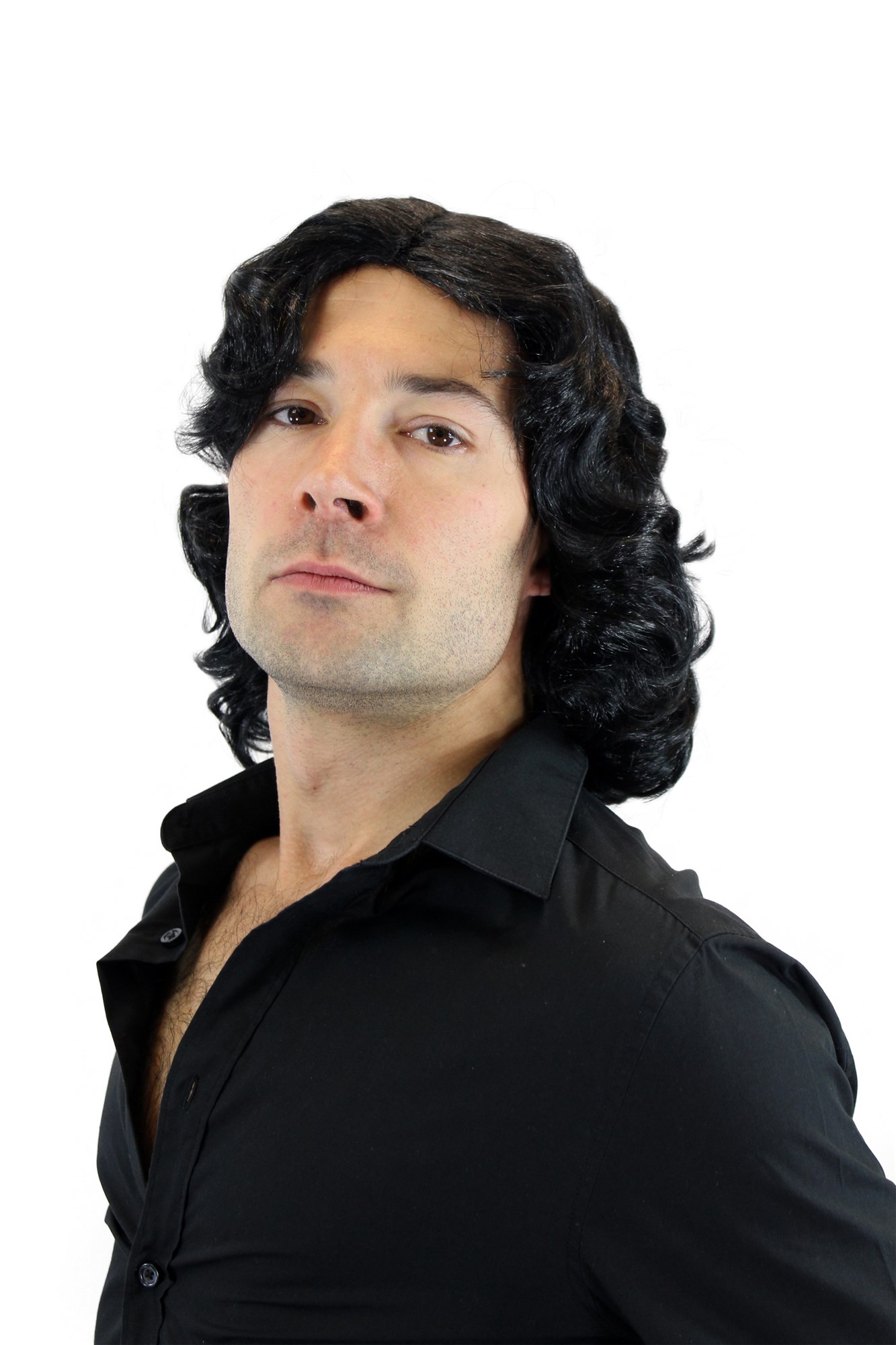 günstige Party Perücke, Herrenperücke lang Schwarz Schlagersänger 3750-P103, Ansicht 6, WIG ME UP: Ihr Perücken Online Shop lockige Party Perücke Schwarz schulterlange Haare Unisex