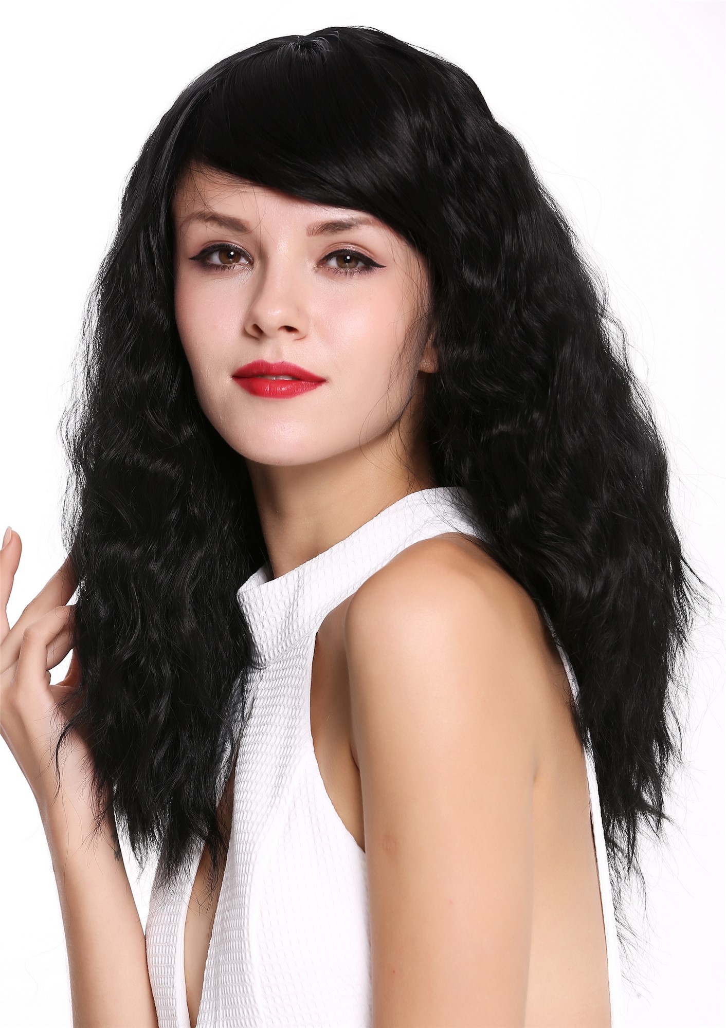 Lady Woman Wig Long Voluminous Dense Curls Curled straight at parting Black 5093, view 3, WIG ME UP: Your Perücken Online Shop Quality Wigs, Ladies, black-brown, wavy, long
