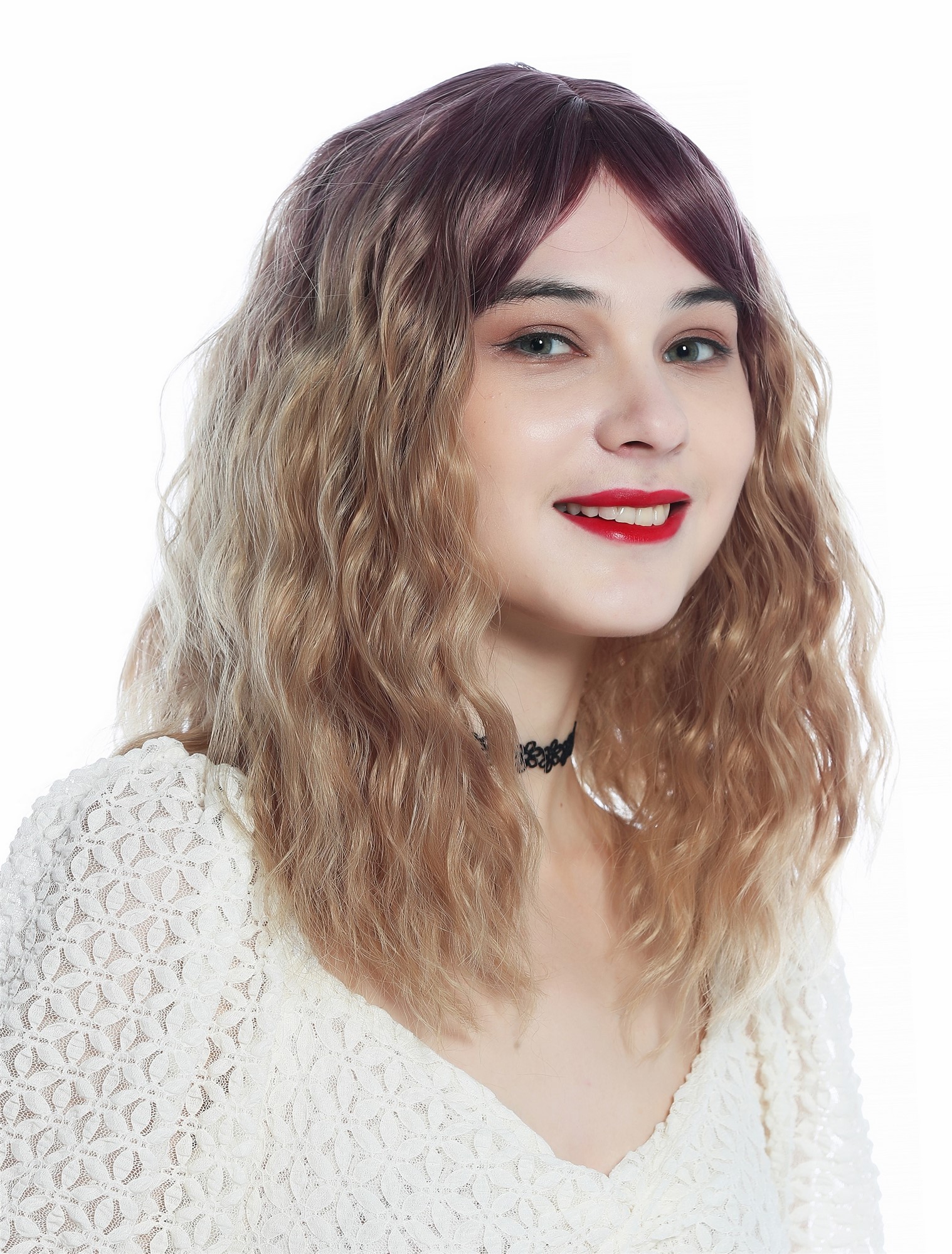 wellige Tressen-Perücke mit Kopfhaut-Imitat Violett-Matthellblond-Verlauf schulterlange Haare für Damen