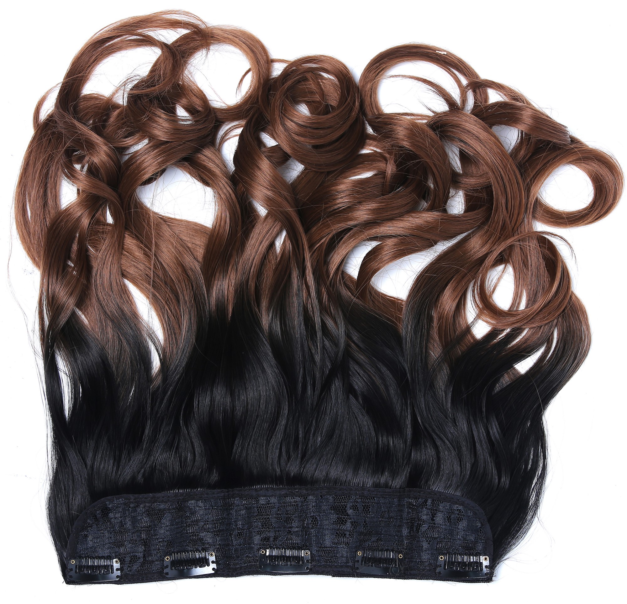 Clip-in hair extension 5 clips wide wavy ombre black gold brown CMT-863, view 2, WIG ME UP: Your Perücken Online Shop Halfwig, black-brown mix, curled, shoulder-length