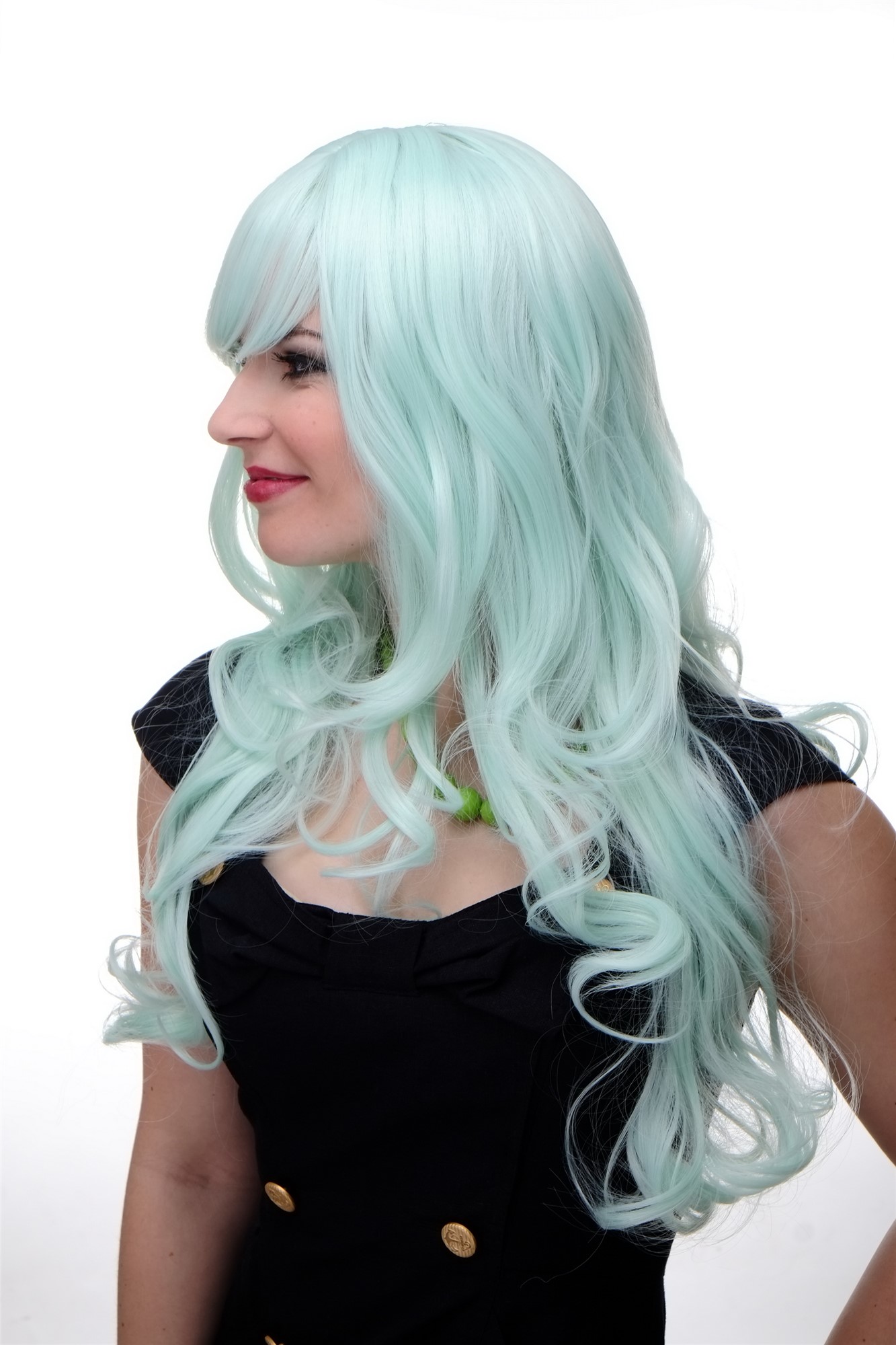 hochwertige Qualitätsperücken, Lange Damen Perücke mit großen kräftigen Locken Pony Grün Hellgrün 285-T5507, Ansicht 2, WIG ME UP: Ihr Perücken Online Shop lockige Tressen-Perücke mit Kopfhaut-Imitat Hellgrün lange Haare für Damen