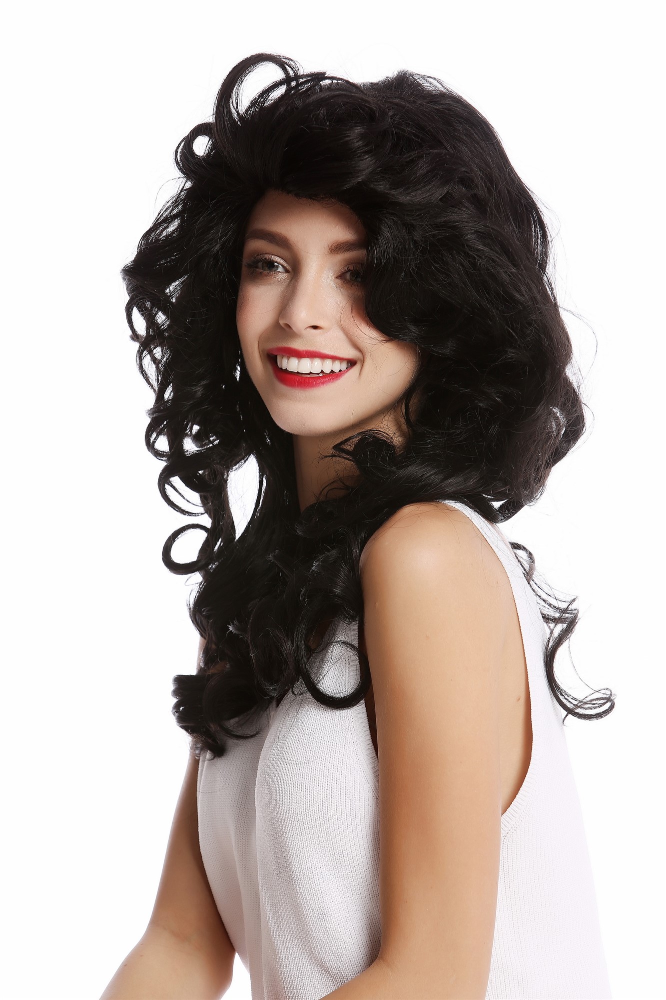 hochwertige Qualitätsperücken, Perücke Diva 80er Wellig Schwarz WL-3010-1B, Ansicht 3, WIG ME UP: Ihr Perücken Online Shop wellige Tressen-Perücke Samtschwarz lange Haare für Damen