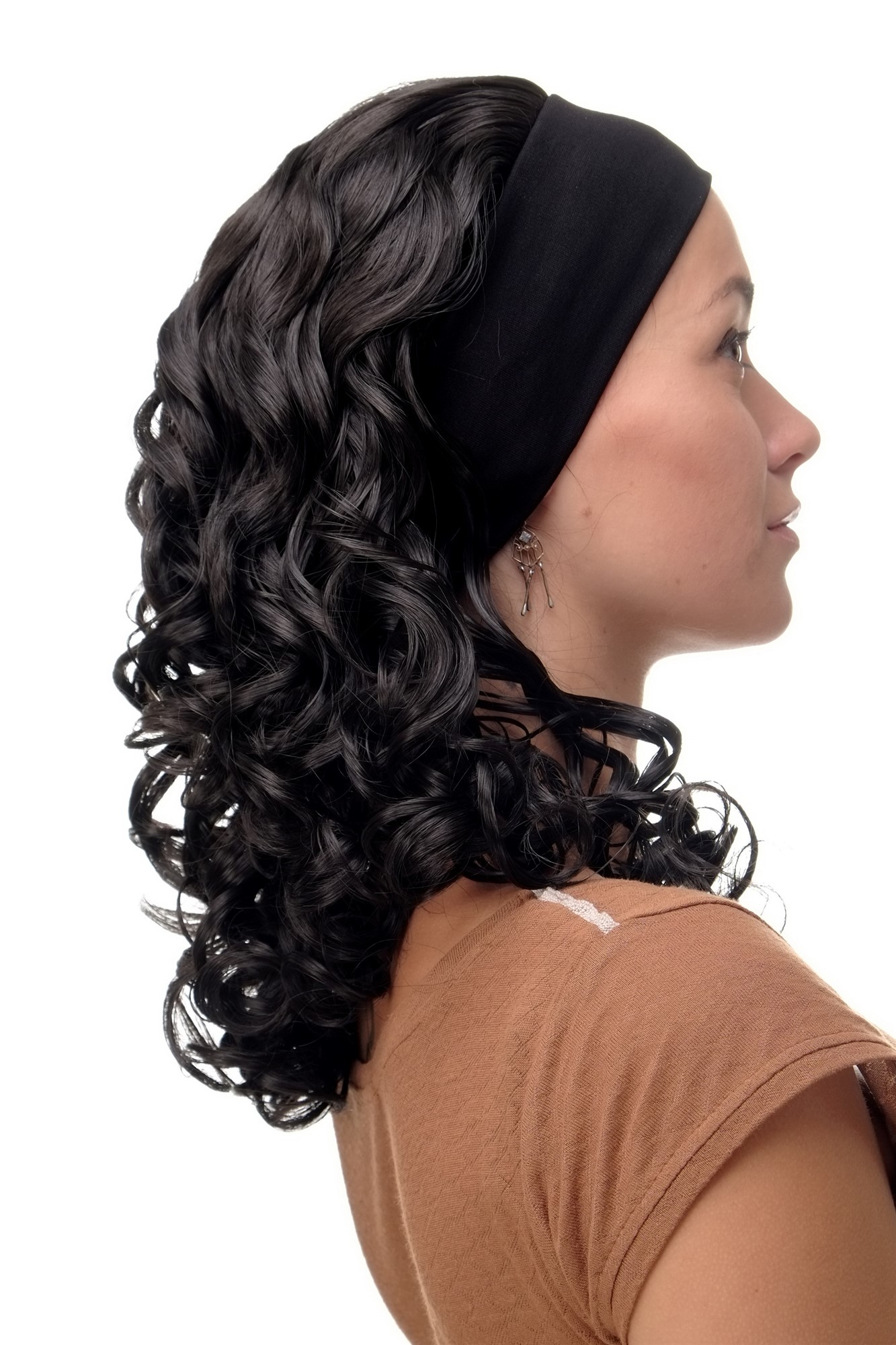hochwertige Qualitätsperücken, Perücke Stirnband Dunkelbraun Locken Schulterlang BRO-704-3, Ansicht 3, WIG ME UP: Ihr Perücken Online Shop lockige Tressen-Perücke mit Stirnband Dunkelbraun schulterlange Haare für Damen
