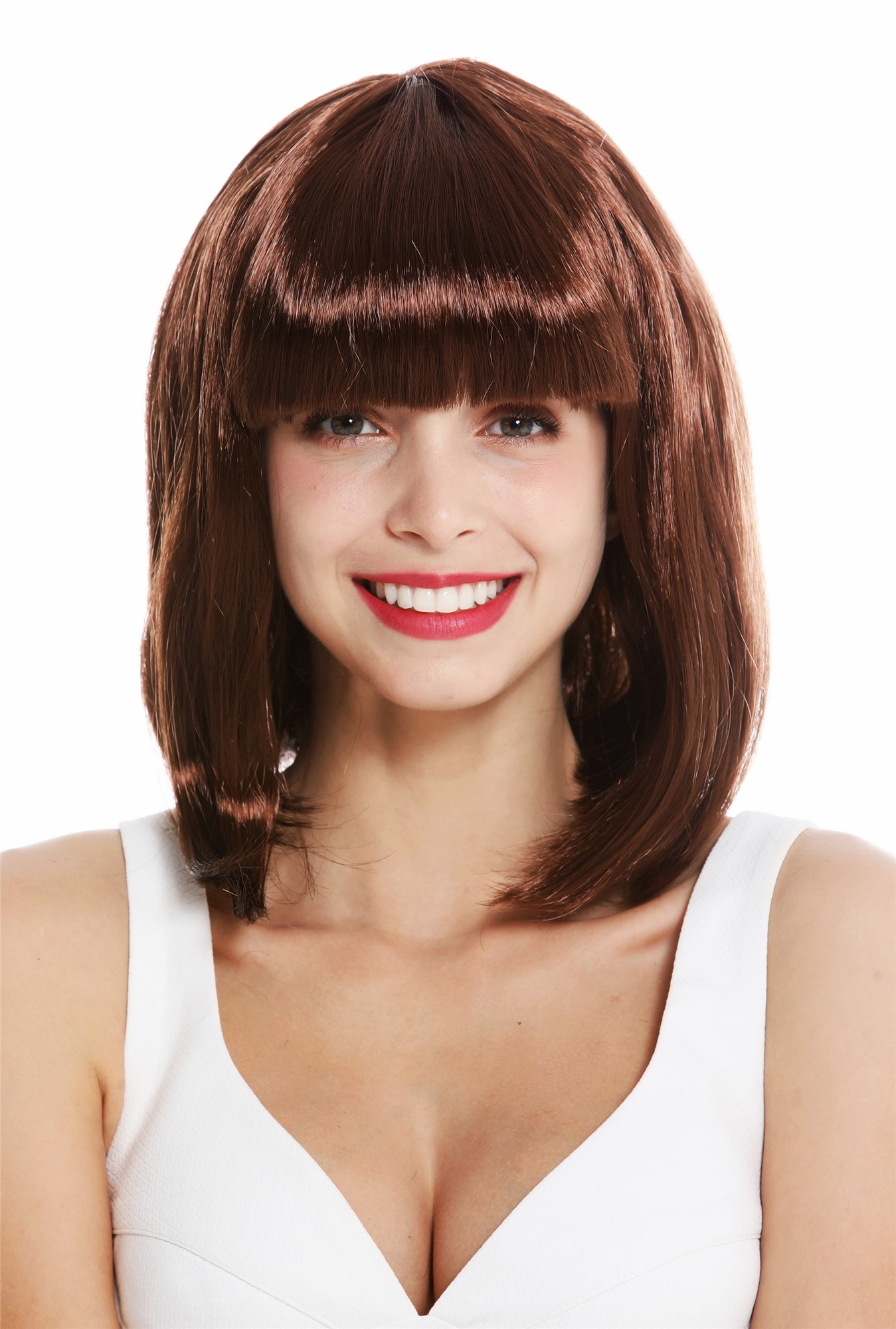 Lady Wig Halloween Disco bob longbob shoulder length bangs rust brown 0073, view 2, WIG ME UP: Your Perücken Online Shop Party Wig, Ladies, mahogany brown, wavy, shoulder-length
