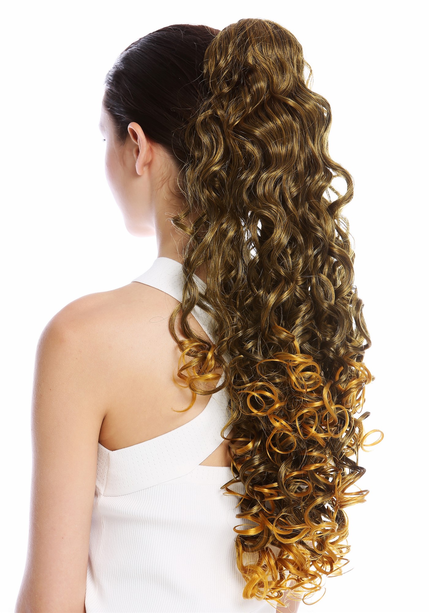 Ponytail Combs & Clamp very long voluminous curled brown blond highlights MKB-21, front view, WIG ME UP: Your Perücken Online Shop Ponytails, black-blonde mix, curled, long