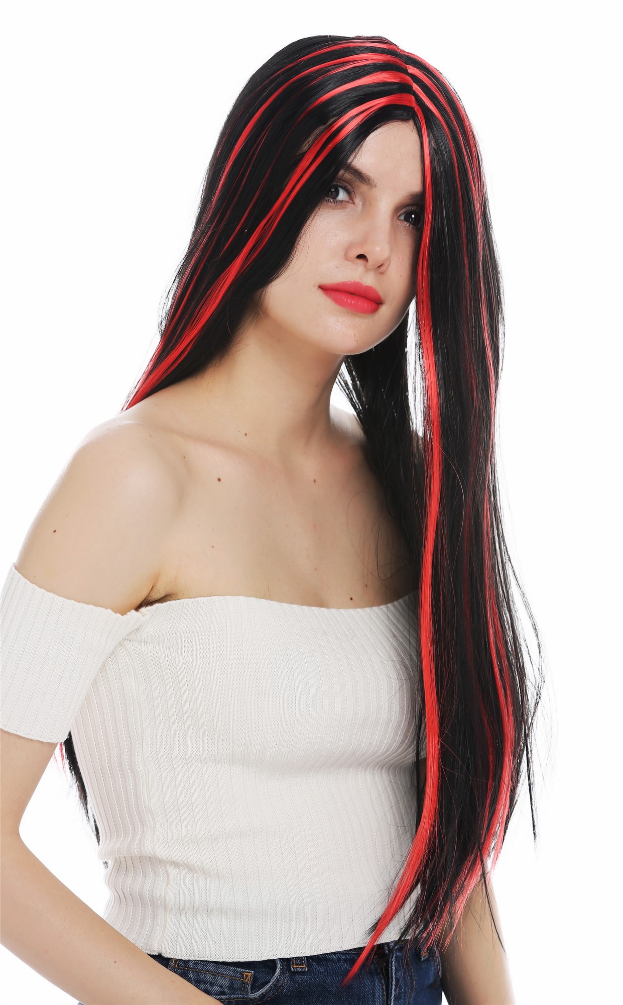 Women's wig Halloween long sleek middle parting black red highlights devil 68036, front view, WIG ME UP: Your Perücken Online Shop Party Wig, Ladies, deep black and bright red mix, straight, long