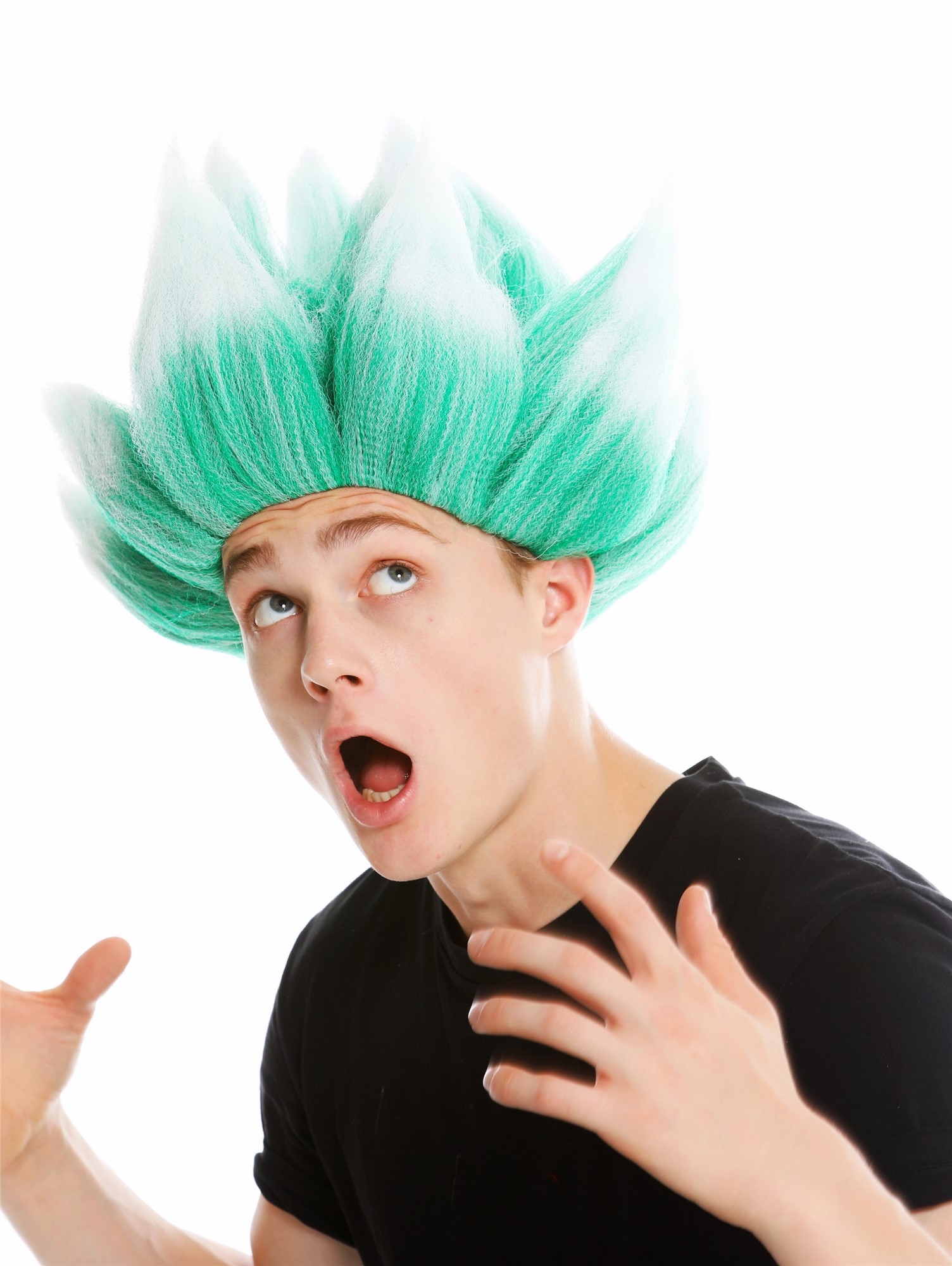 Wig men women carnival teased high demon devil troll flower green white LM-19, view 3, WIG ME UP: Your Perücken Online Shop Party Wig, Unisex, Light green with white tips, wavy, short