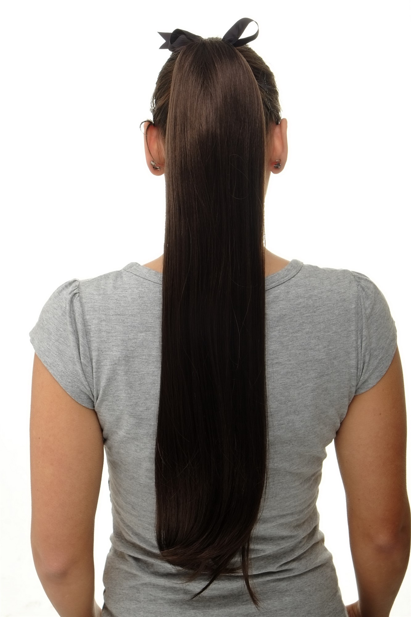 Hairpiece PONYTAIL (comb & ribbon wrap-around system) extension full volume long straight brown, front view, WIG ME UP: Your Perücken Online Shop Ponytails, medium ash brown, straight, long