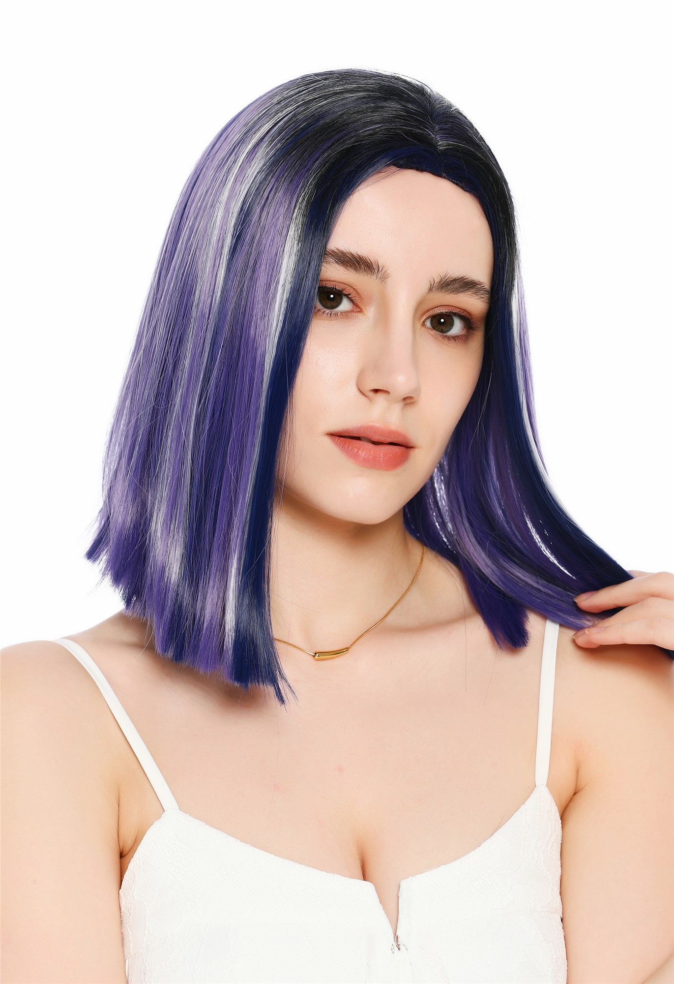 Perücke Damen schulterlang Longbob glatt Lila Schwarz Weiß Blau Gesträhnt Mittelscheitelt GFW4029S-G597