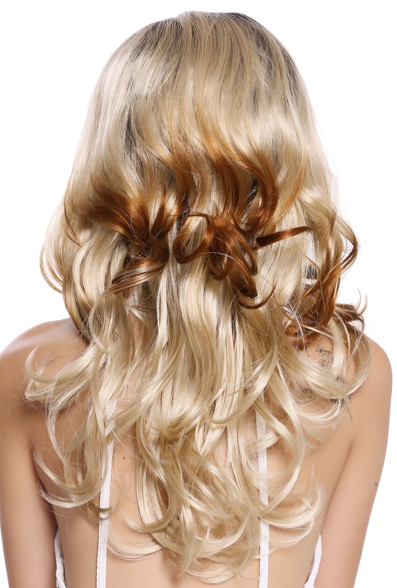 Women's wig lady long wavy soft curls middle parting ombre black blonde DW1595, view 4, WIG ME UP: Your Perücken Online Shop Quality Wigs, Ladies, blonde-velvet black mix, wavy, long