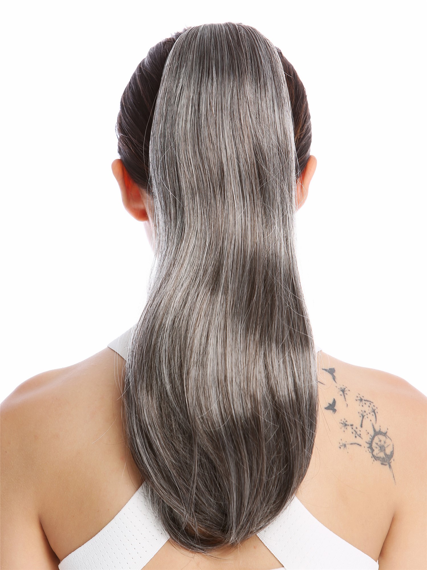 Ponytail Hairpiece Claw Clamp long smooth slightly waved dark grey gray TZB-26A, view 2, WIG ME UP: Your Perücken Online Shop Ponytails, dark gray-black mix, straight, shoulder-length