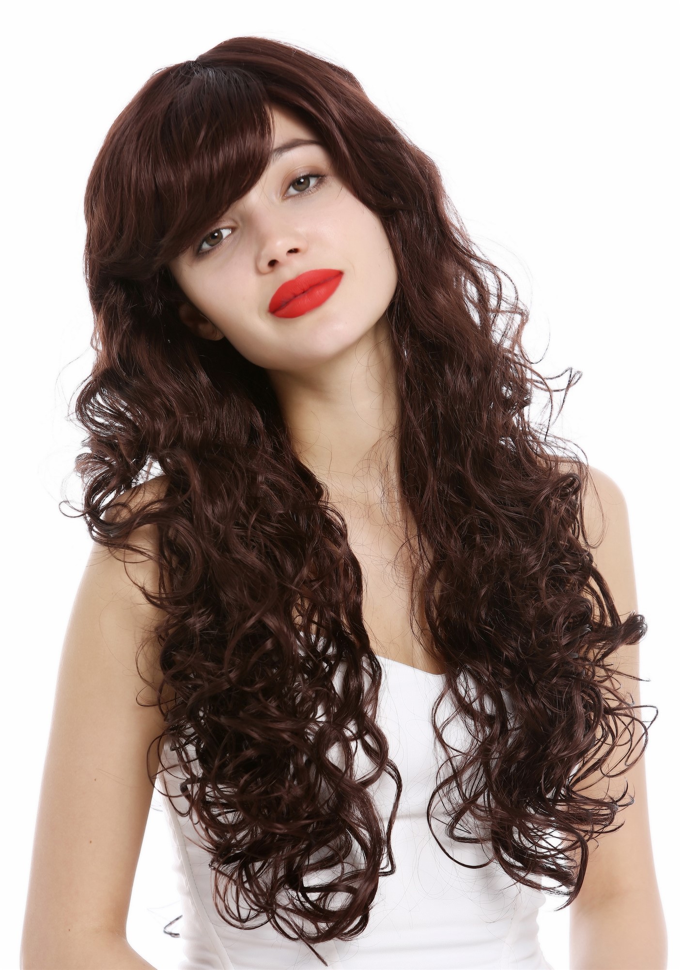 hochwertige Qualitätsperücken, Perücke lang lockig voluminös Rotbraun VK-36-33, Ansicht 6, WIG ME UP: Ihr Perücken Online Shop lockige Tressen-Perücke mit Kopfhaut-Imitat Mahagonibraun lange Haare für Damen