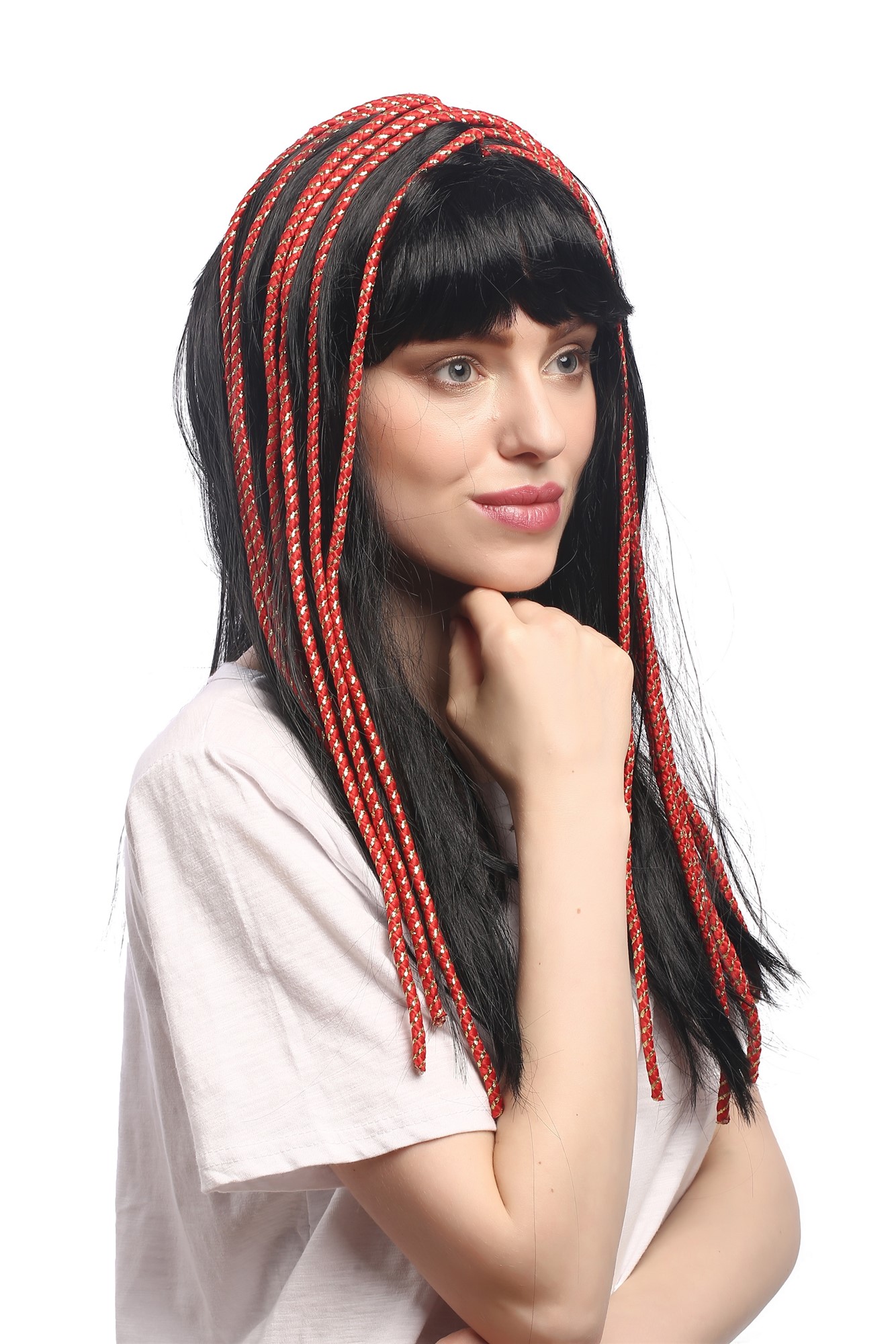 günstige Party Perücke, Perücke 1001 Nacht Hippie Schwarz Zierbänder rot-gold 60327-P103-rope, Ansicht 3, WIG ME UP: Ihr Perücken Online Shop geflochtene Party Perücke Schwarz lange Haare für Damen
