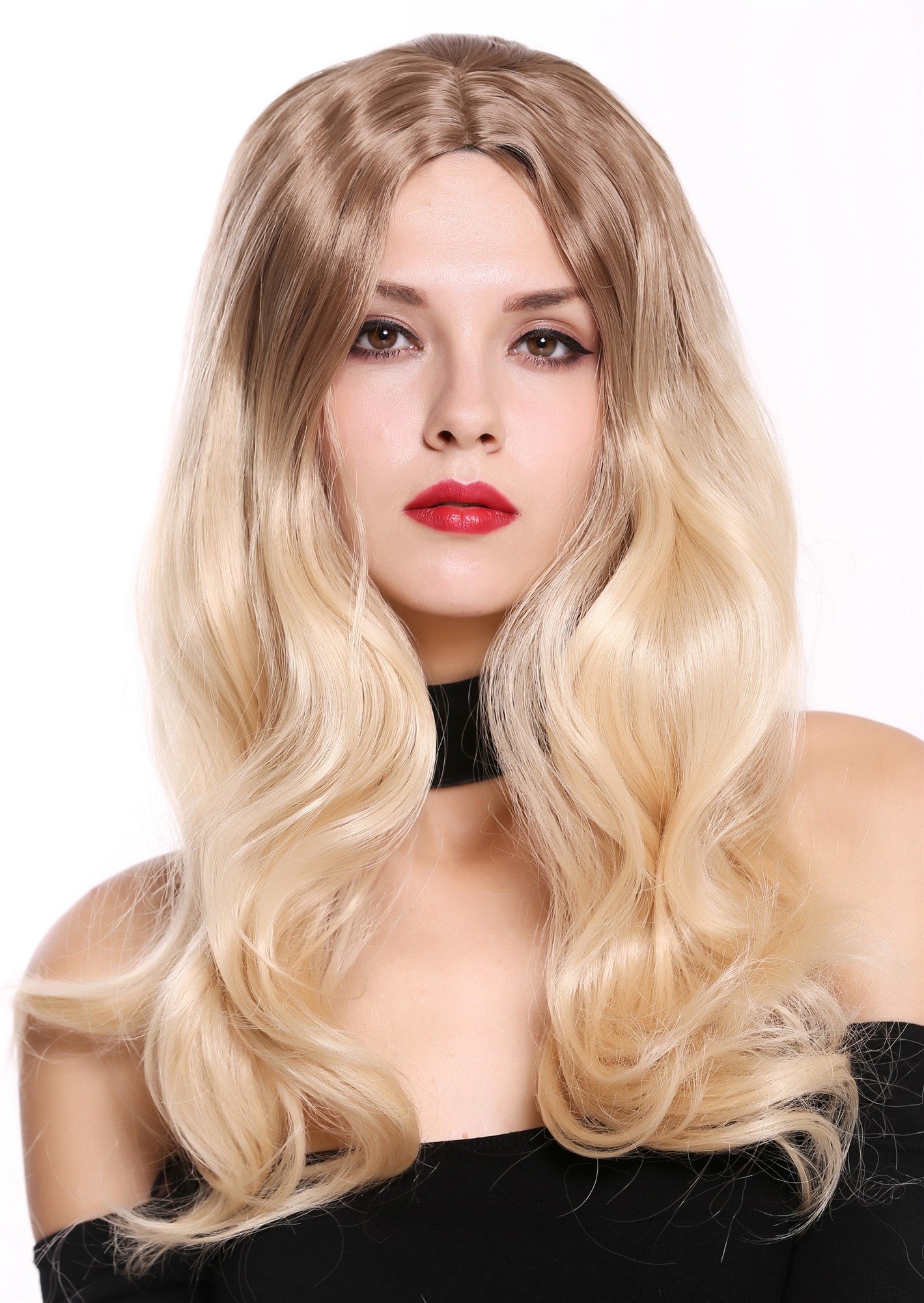hochwertige Qualitätsperücken, Perücke Lang Mittelscheitel Wellig Ombre Braun Blond ZM-1652-485R10, Vorderansicht, WIG ME UP: Ihr Perücken Online Shop wellige Tressen-Perücke mit Kopfhaut-Imitat Strohblond-Goldbraun-Mix lange Haare für Damen