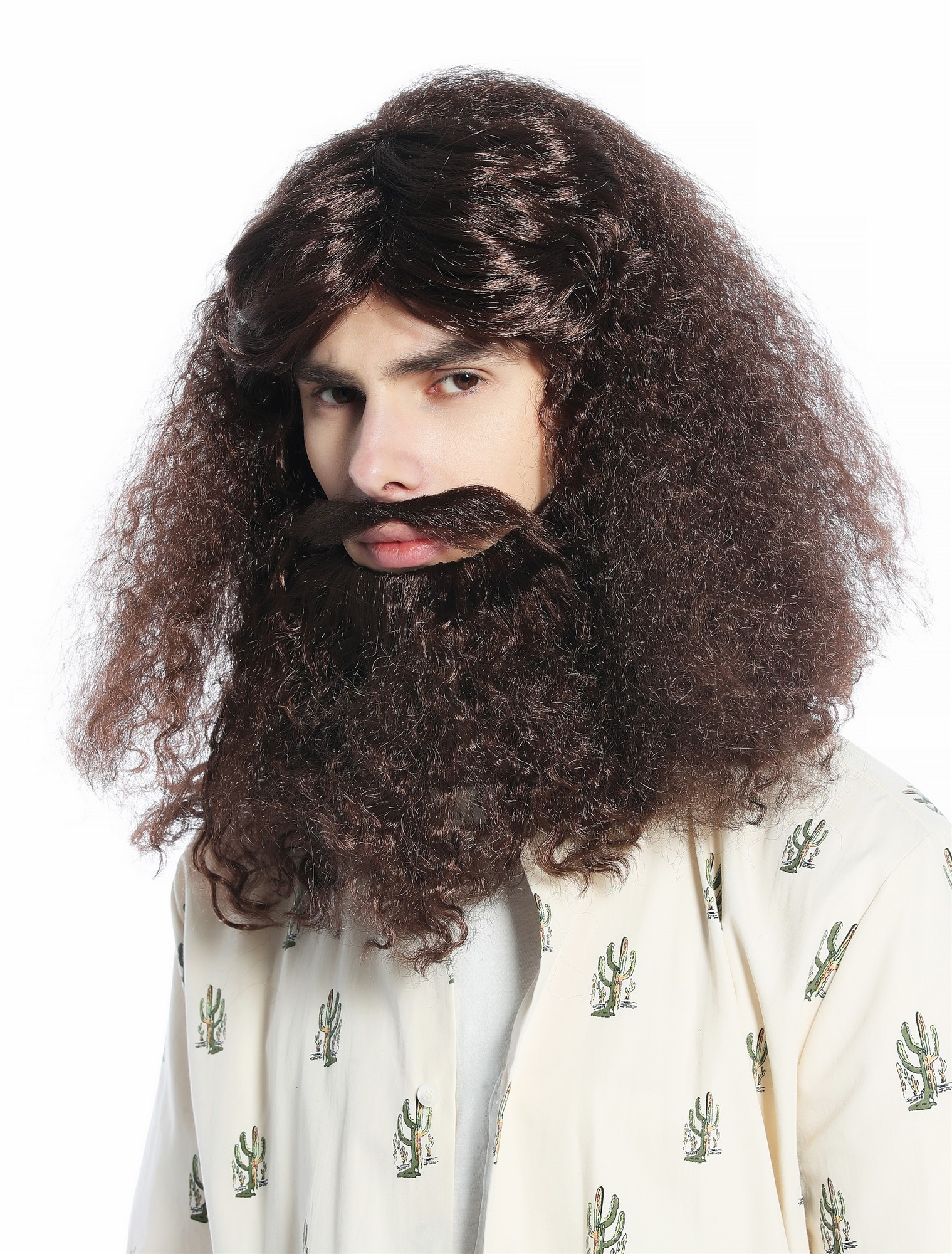 günstige Party Perücke, Perücke Bart Set lang lockig braun Guru Hippie Hipster 210331-P4, Ansicht 2, WIG ME UP: Ihr Perücken Online Shop lockige Party Perücke Mittelbraun schulterlange Haare für Herren