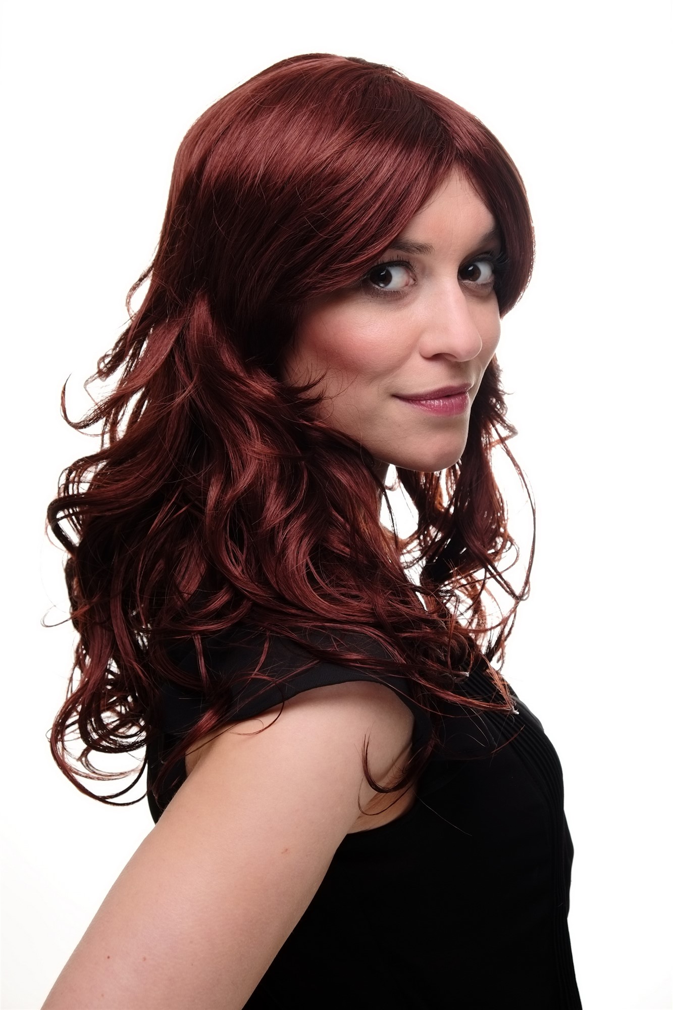 hochwertige Qualitätsperücken, Perücke wellig lockig Pony Scheitel Braun Rostbraun 9669-35, Ansicht 3, WIG ME UP: Ihr Perücken Online Shop wellige Tressen-Perücke mit Kopfhaut-Imitat Rostbraun lange Haare für Damen