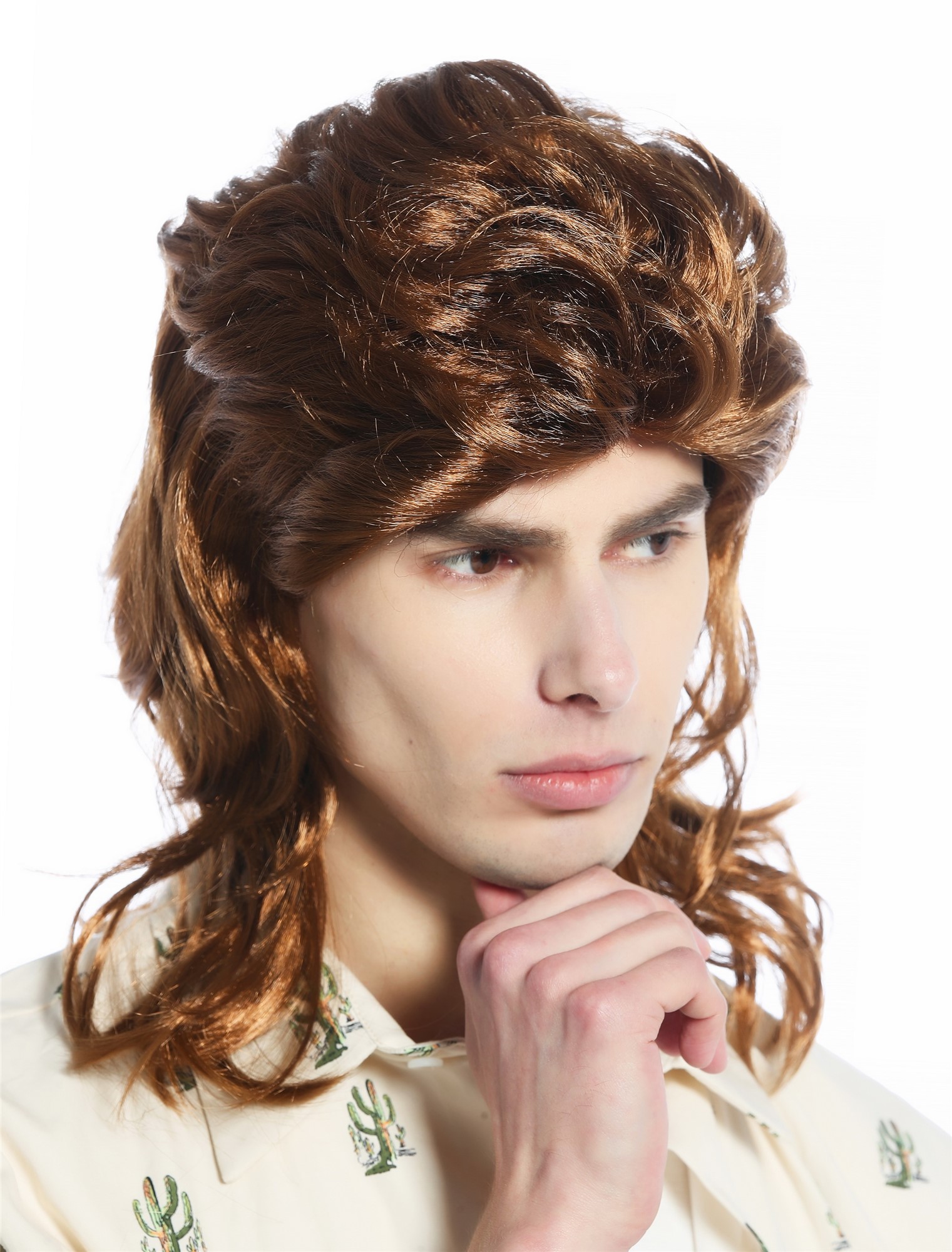 günstige Party Perücke, Perücke Vokuhila 80er Jahre Proll braun toupiert wellig 210162-P6, Ansicht 2, WIG ME UP: Ihr Perücken Online Shop wellige Party Perücke Mittelbraun schulterlange Haare für Herren