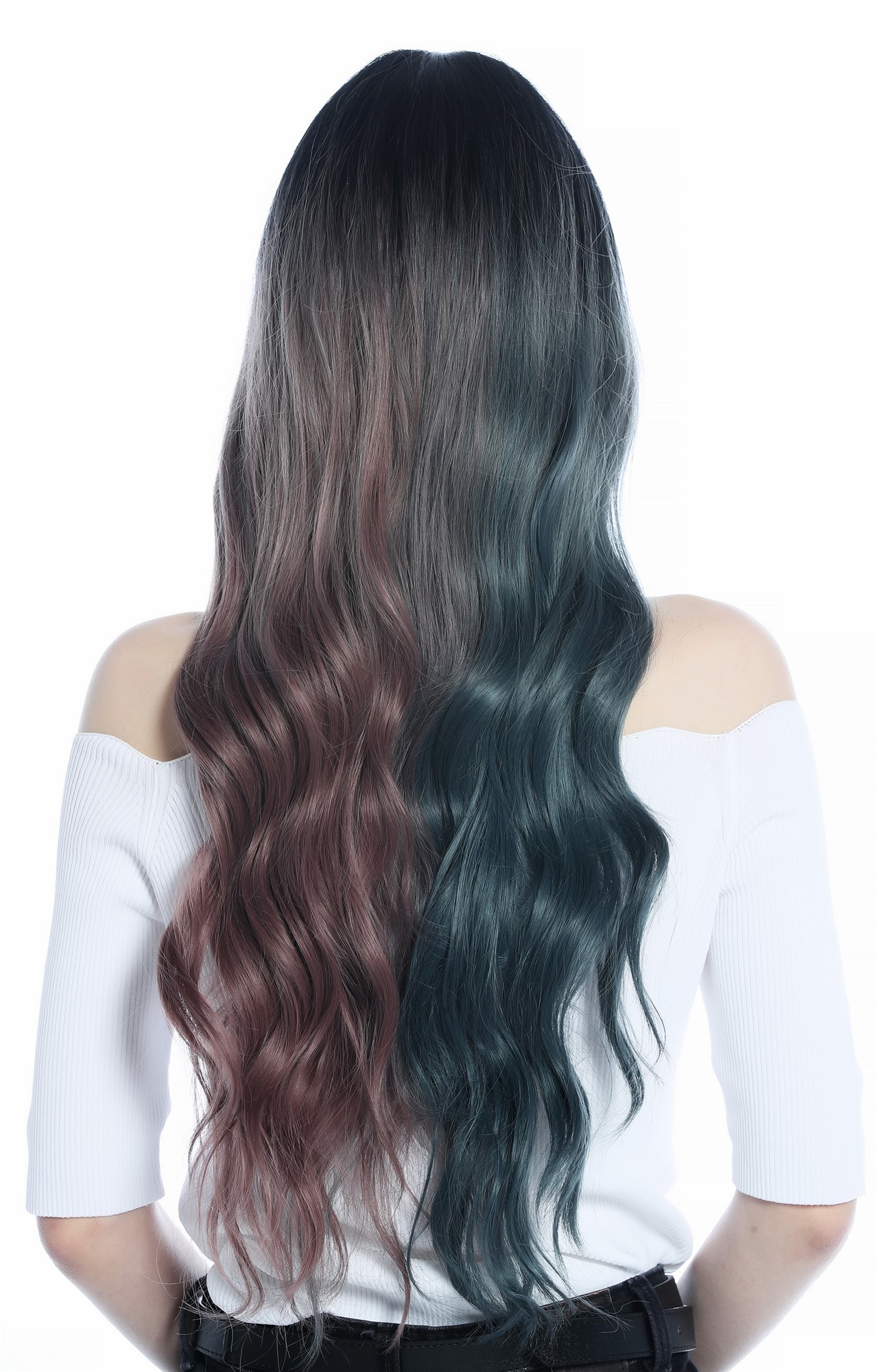 hochwertige Qualitätsperücken, Perücke lang asymmetrische Ombre Farbe Schwarz Graublau Altrosa C8259-612-422, Ansicht 5, WIG ME UP: Ihr Perücken Online Shop wellige Tressen-Perücke mit Kopfhaut-Imitat Schwarz Verlauf in Graublau rechts und Altrosa links lange Haare für Damen